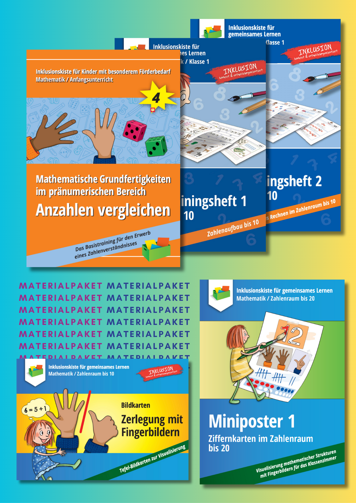 Cover des Materialpaketes: "Schulstart 2025" mit fünf Coverbildern der im Paket enthaltenen Titel.