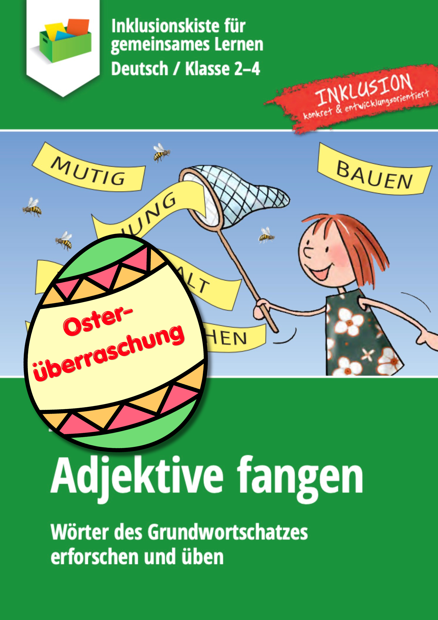 Grüne Covergrafik des E-Books `Adjektive fangen` mit bunter Grafik in der Mitte. Ein gezeichnetes Mädchen fängt mit einem Kescher Adjektive. In der Luft fliegen insgesamt acht mit Großbuchstaben geschriebene Wörter: BAUEN, MUTIG, JUNG, DANN, ALT, GEHEN und KALT.