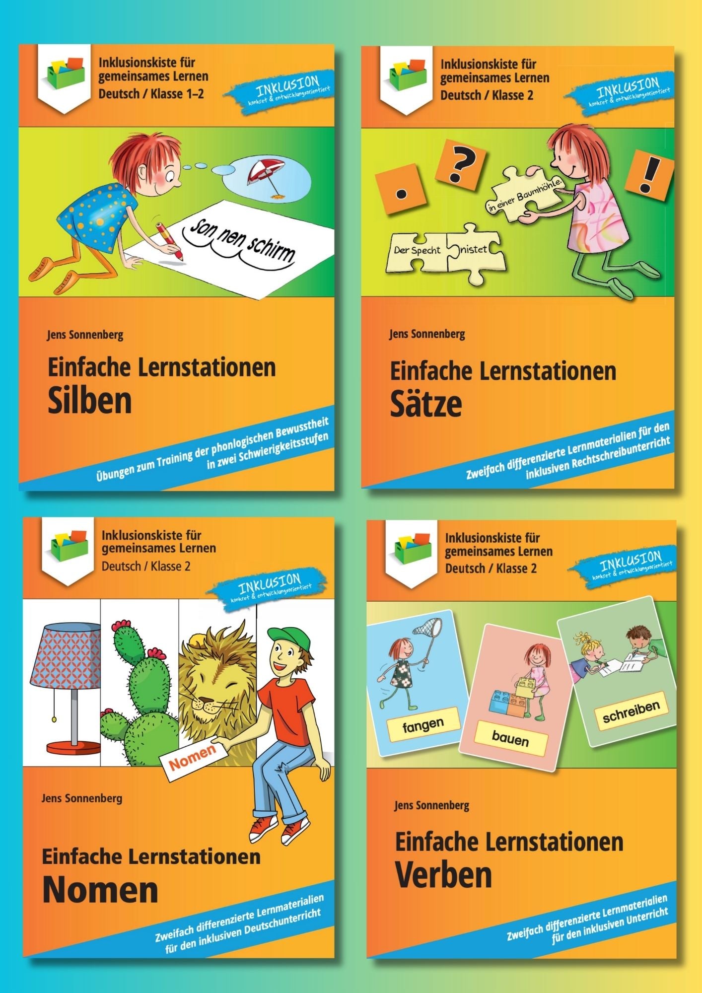 Das Bild zeigt vier orangefarbene E-Bookcover der Reihe 'Inklusionskiste für gemeinsames Lernen', von Jens Sonnenberg. Jedes der vier Cover repräsentiert Lernstationen, die in einem Materialpaket für den inklusiven Deutschunterricht für Grundschüler zusammengestellt wurden. Oben rechts befindet sich jeweils ein blaues Band mit der Aufschrift 'Inklusion konkret & entwicklungsorientiert'.