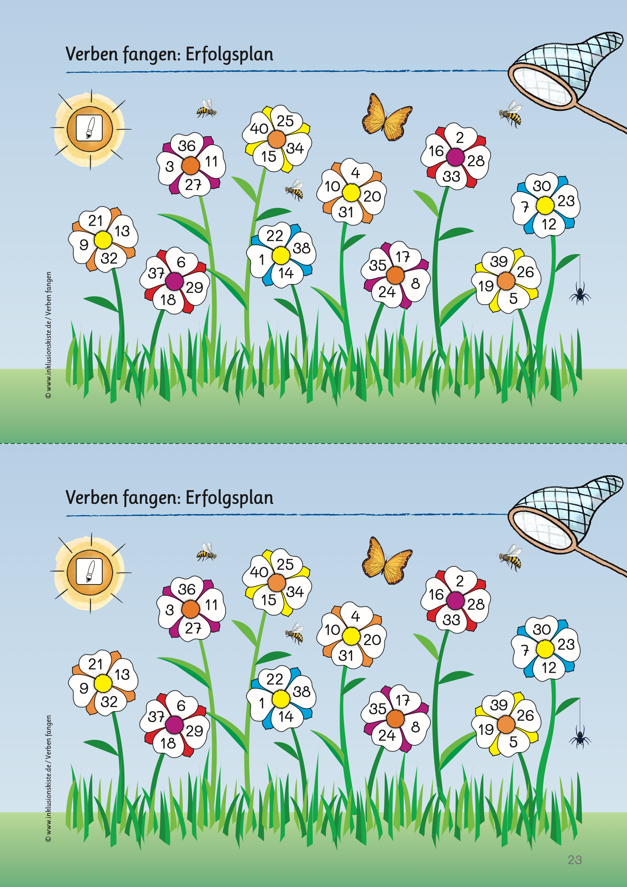 Illustration eines bunten Erfolgsplans für Grundschulkinder mit dem Titel „Verben fangen: Erfolgsplan“. Das Bild zeigt zweimal dieselbe Szene (oben und unten): Eine Wiese mit acht stilisierten Blumen, jede mit sechs weißen Blütenblättern. In jedem Blütenblatt steht eine Zahl von 1 bis 40. Dabei stehen die Zahlen für ein Arbeitsblatt. 
