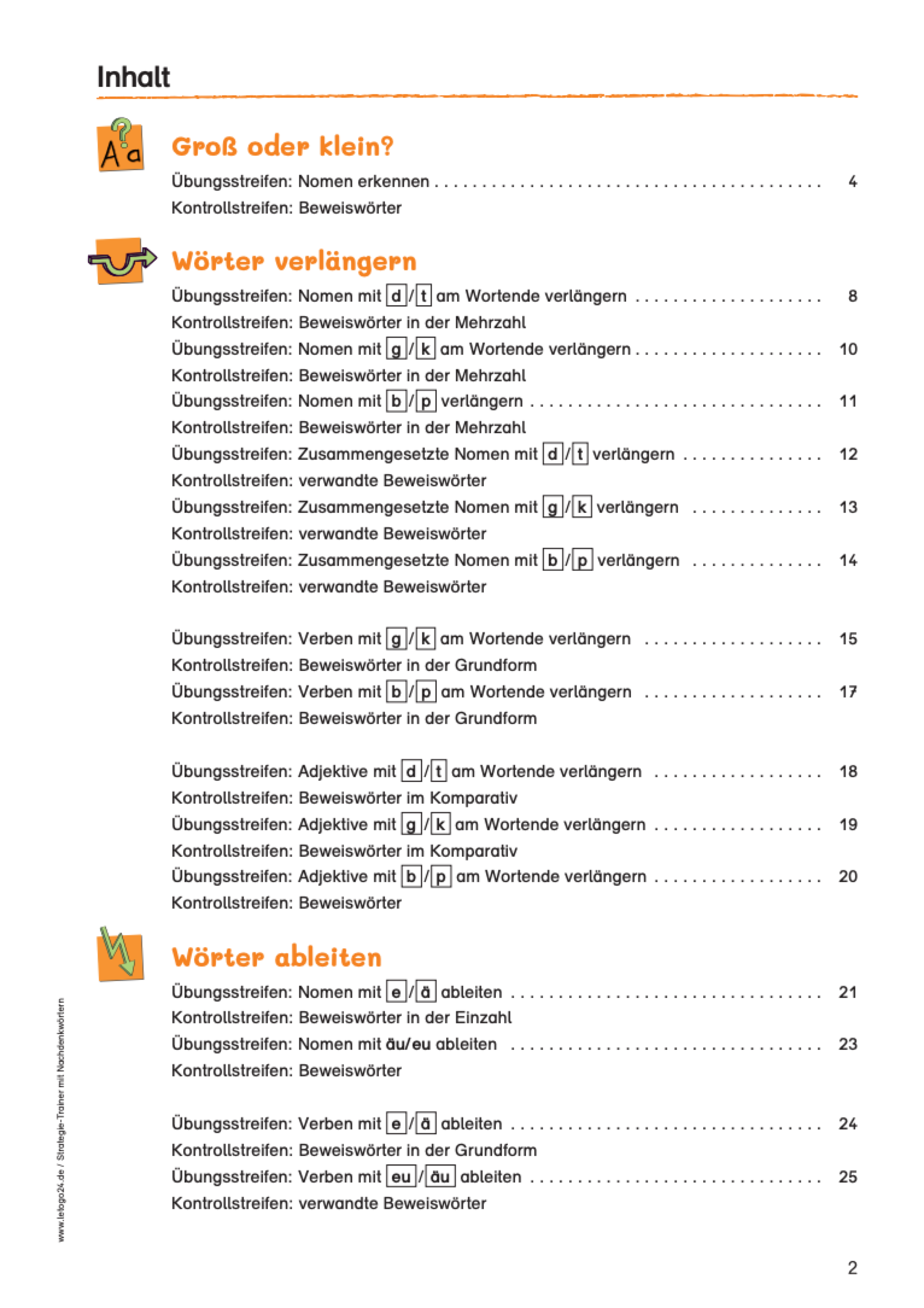 Inhaltsverzeichnis eines Rechtschreibtrainers: Rechtschreibübungen in Kategorien wie 'Groß oder klein?', 'Wörter verlängern' und 'Wörter ableiten' mit dazugehörigen Übungs- und Kontrollstreifen. Fokus auf Rechtschreibregeln 
