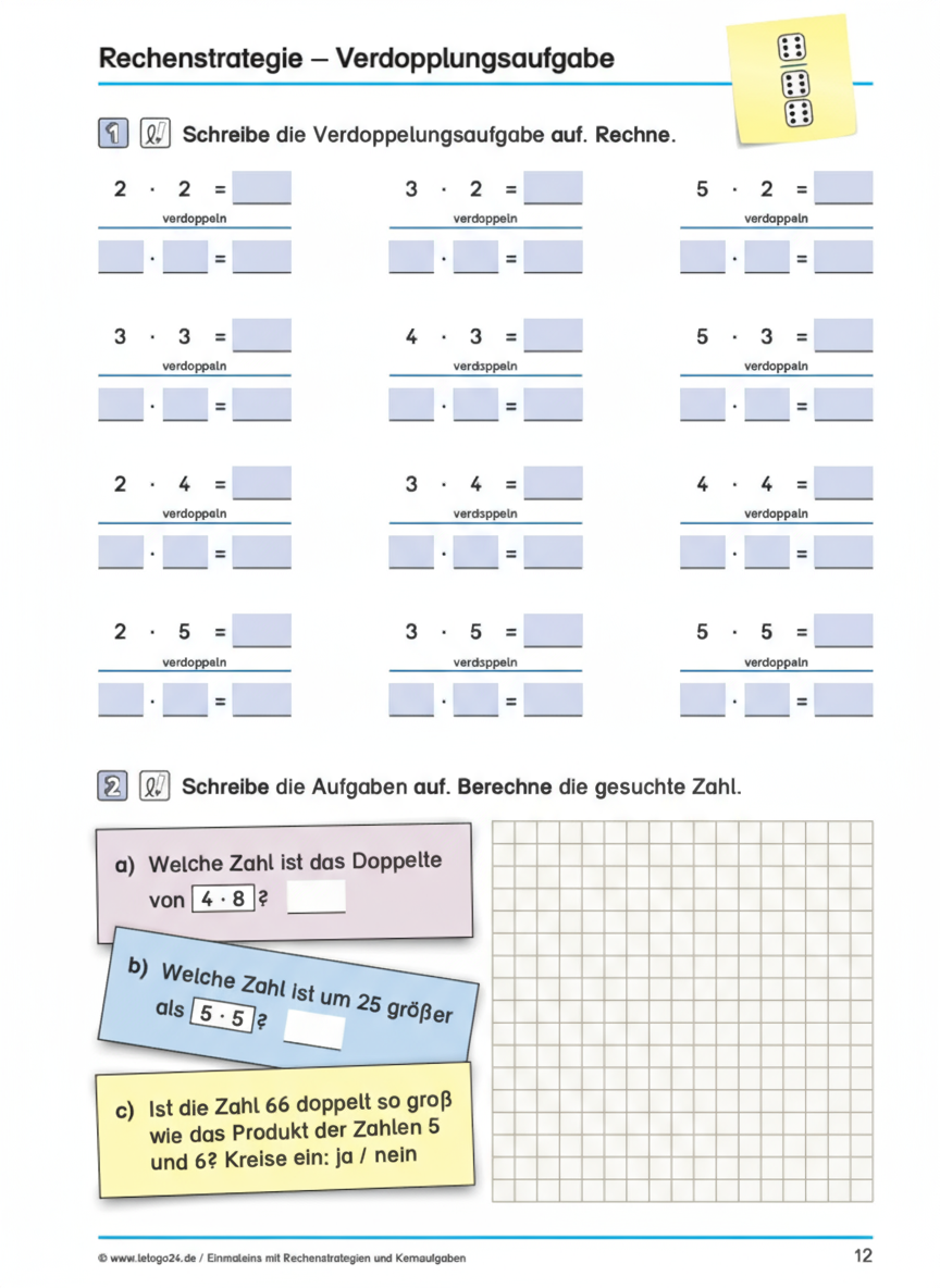 Arbeitsblatt zur Rechenstrategie 'Verdoppeln', mit Übungen, die Kindern helfen, Multiplikationsaufgaben leichter zu lösen."