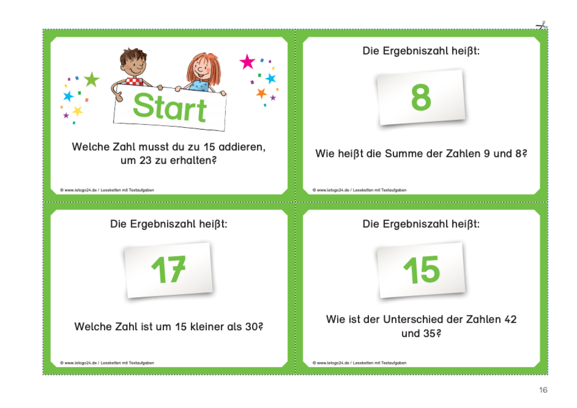 Vier Teile einer Lesekette von Letogo24 mit Textaufgaben im Zahlenraum bis 100. In der Mitte der Aufgabenkarten steht jeweils die Ergebniszahl: 8, 17 und 15. Die oberen linke Aufgabenkarte ist die Startkarte. Zwei gezeichnete Kinder halten eine Karte mit der Aufschrift :`Start`.