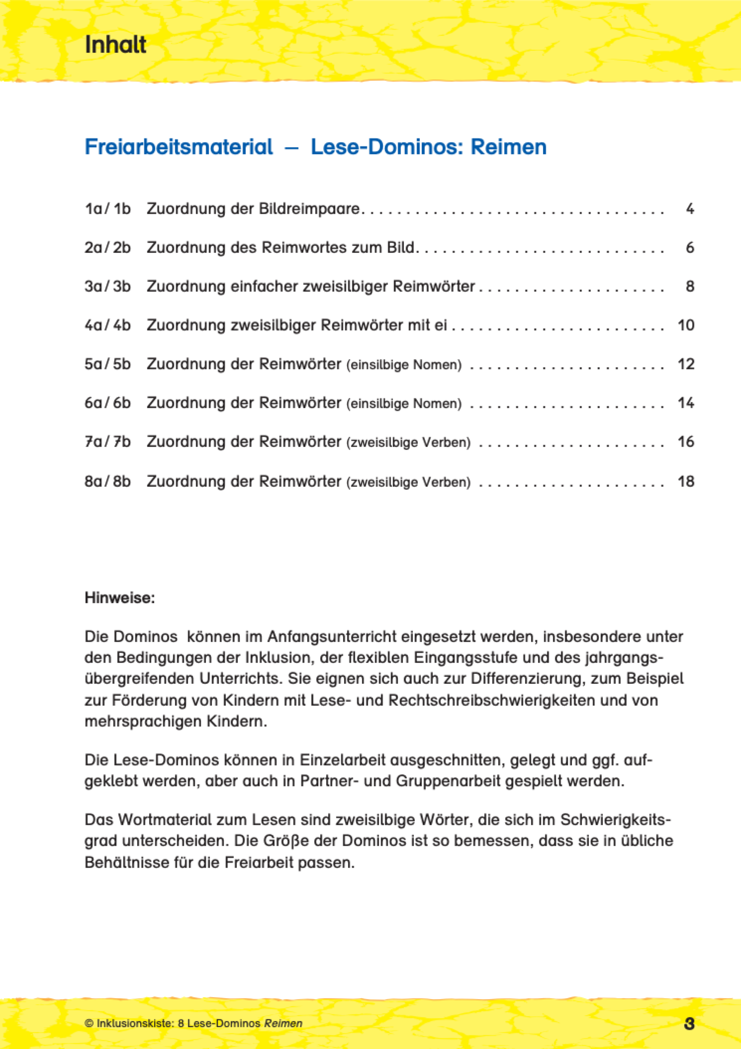 Inhaltsverzeichnis des E-Books: `8 Lese-Domino: Reimen` mit Auflistung, der im E-book enthaltenen Reime . Unten befindet sich ein Hinweis zum Einsatz der Dominos  und zum Wortmaterial.