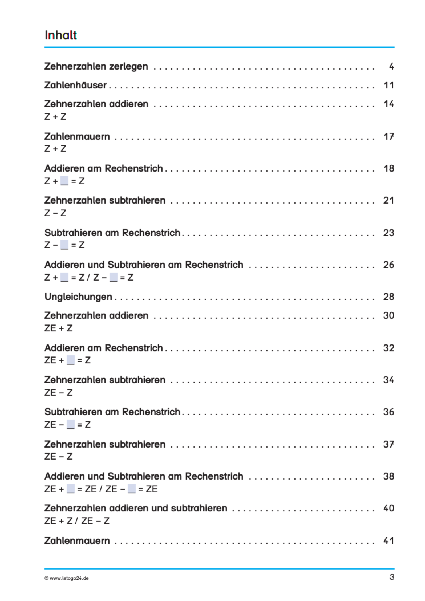 Inhaltsangabe zum E-Book "Rechnen mit Zehnerzahlen"