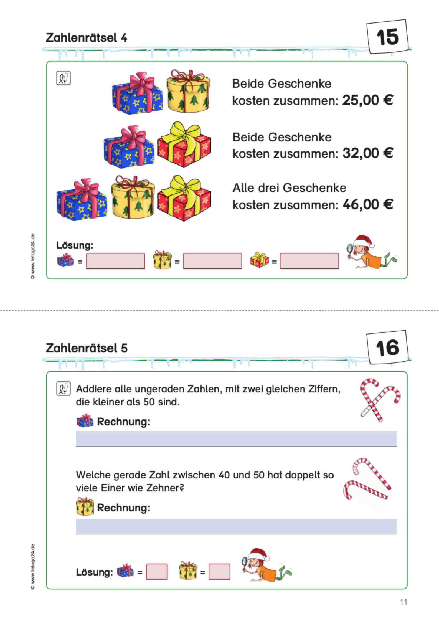 Arbeitsblatt mit zwei Knobelaufgaben 