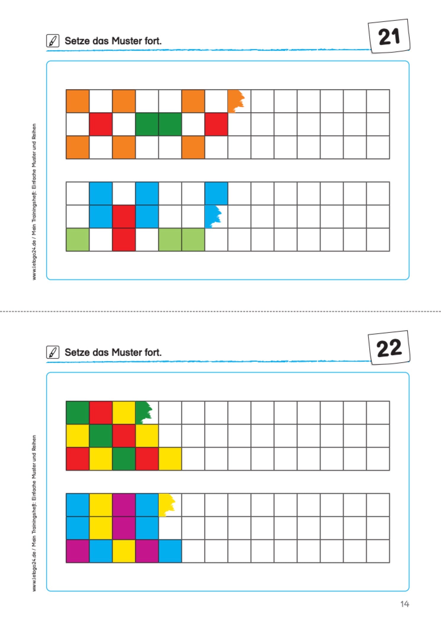 Arbeitsblatt des Materialpaketes: `Rechen in Klasse 1` mit farbigen Mustern