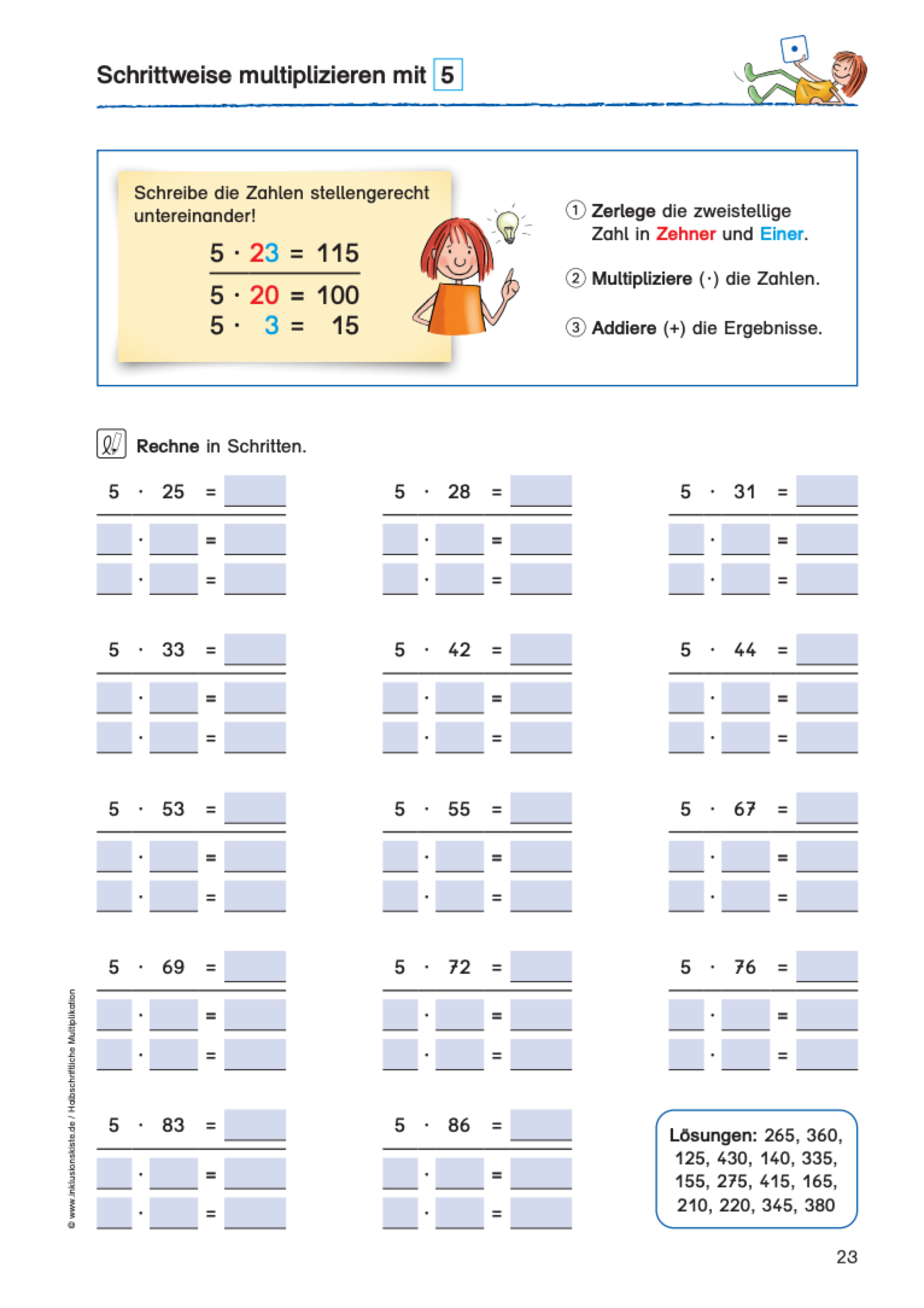 Arbeitsblatt zum schrittweisen Multiplizieren mit 5