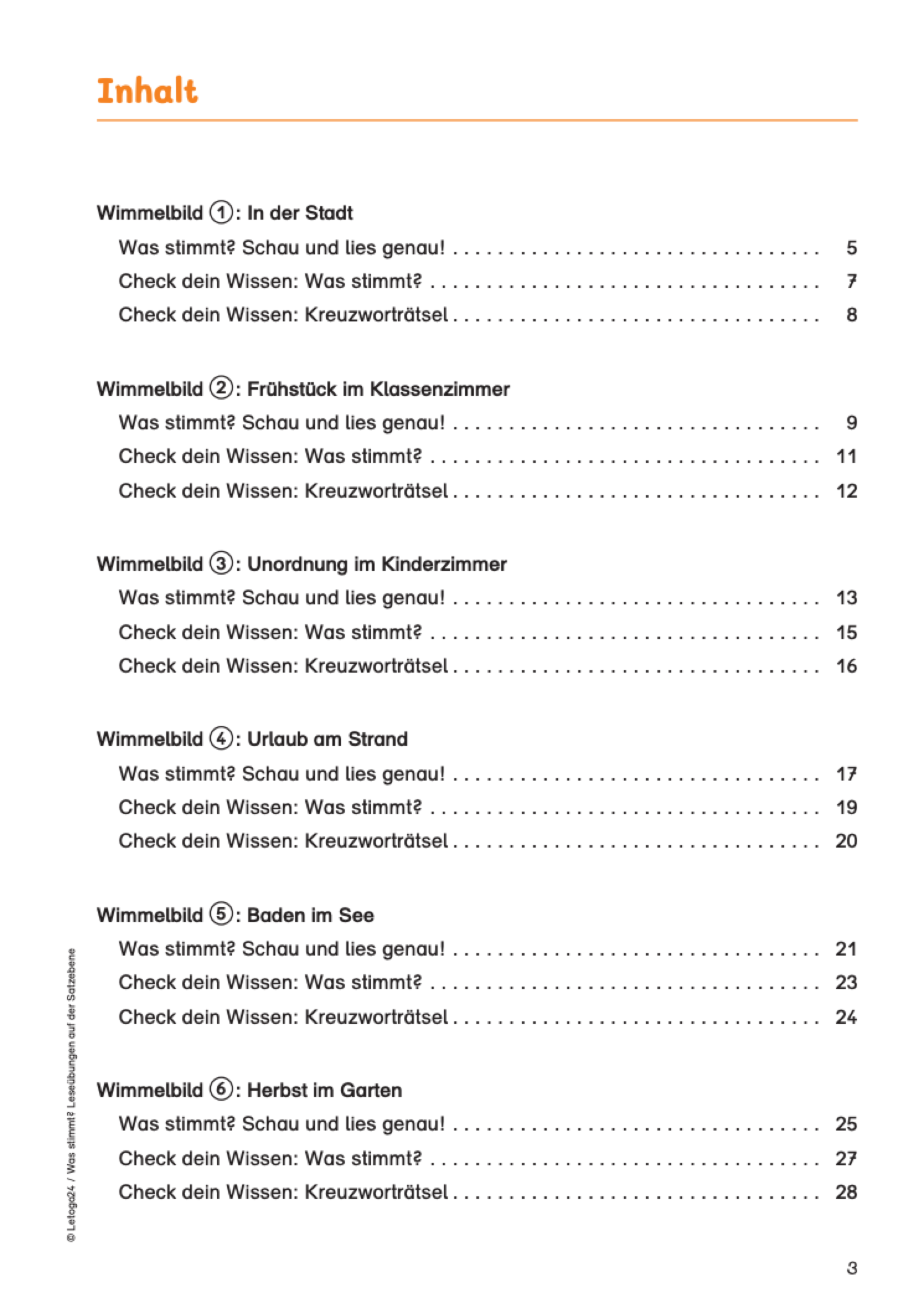 Inhaltsverzeichnis des E-Books: `Was stimmt? - Leseübungen auf der Satzebene`