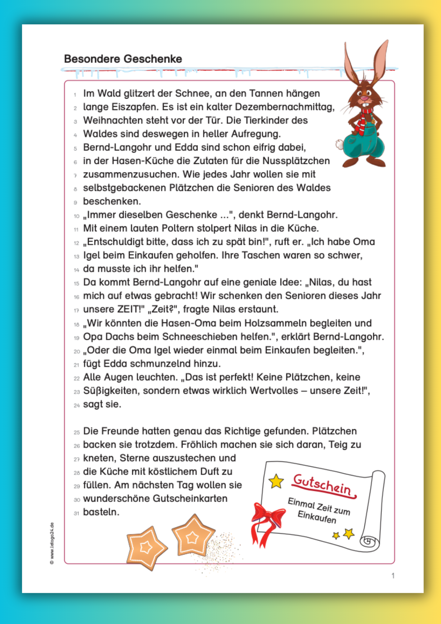 Lesetext mit dem Hasen `Bernd-Langohr` für Grundschüler mit dem Titel `Besondere Geschenke` Oben steht der personifizierte `Bernd-Langohr` mit den Pfoten in den Hüften. Unten des Blatte befinden zwei Lebkuchenherzen und ein Gutschein zum Einkaufen.