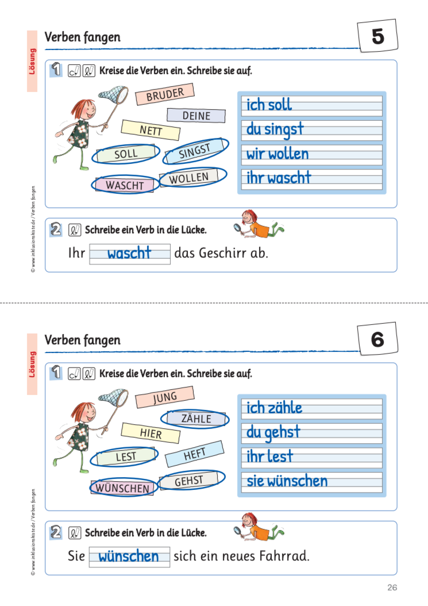 Arbeitsblatt mit Schreibzeilen, Lösungswörtern und einer illustrierten Szene: Ein Mädchen fängt mit einem Kescher in der Luft schwebende Wörter. Die Schüler sollen aus sieben großgeschriebenen Begriffen die Verben herausfiltern und den passenden Personalpronomen zuordnen.