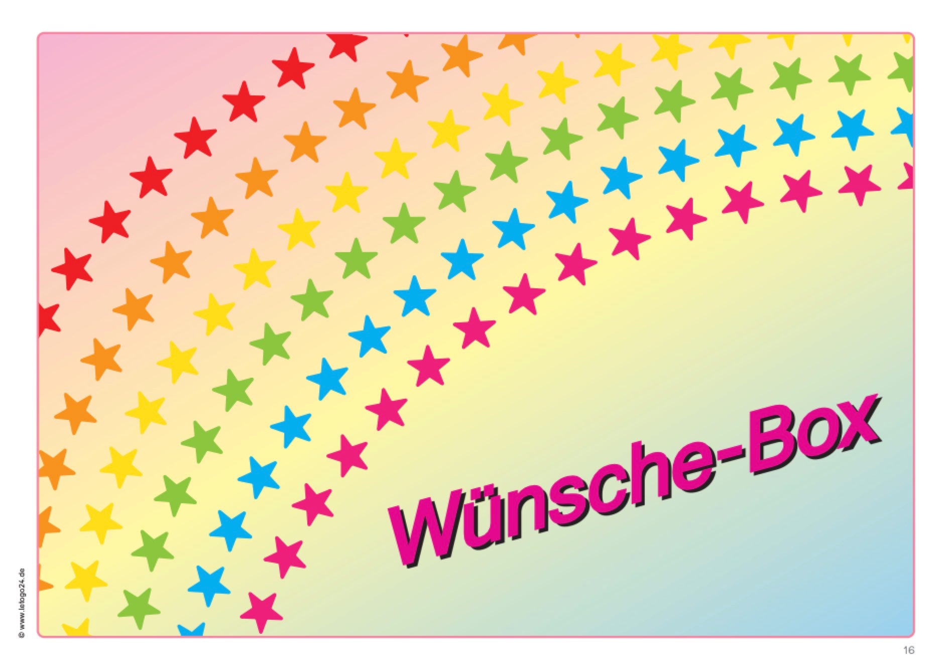 Buntes Miniposter für die Beschriftung  einer Wünsche-Box. Diagonal über den pastellfarbnen Hingrund verläuft eine Regenbogen bestehend aus Sternen. Unten quer steht  das Wort `Wünsche-Box` in der Farbe pink.
