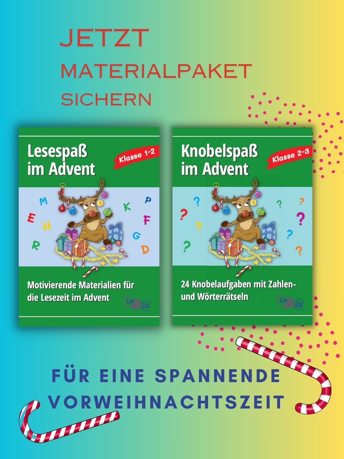 Mobiler Werbeslider mit zwei E-Book-Covern zum Advent für Grundschüler, herausgegeben vom Letogo24 Verlag.