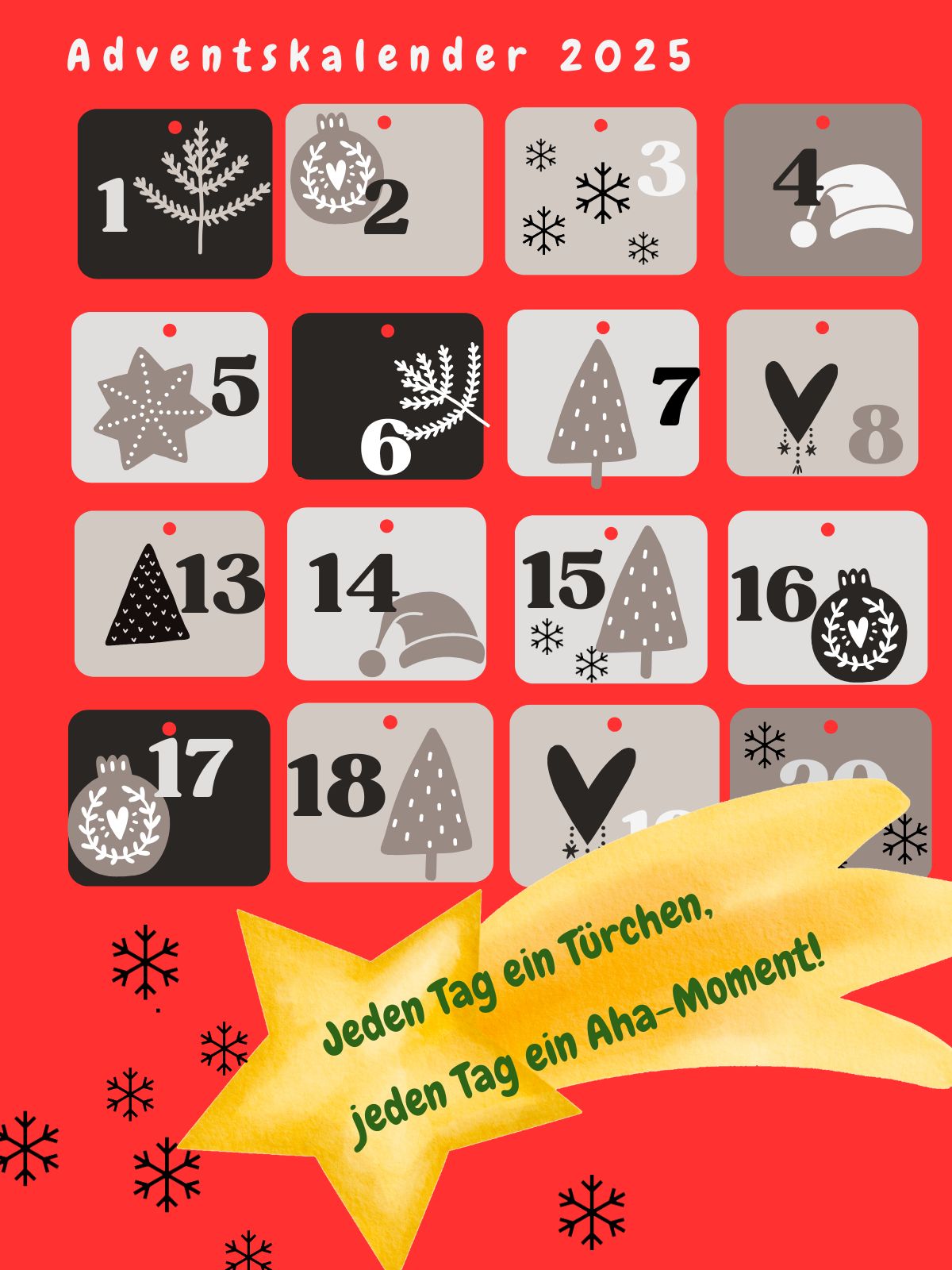 Adventskalender 2025 vor rotem Hintergrund mit Türchen und Zahlen.