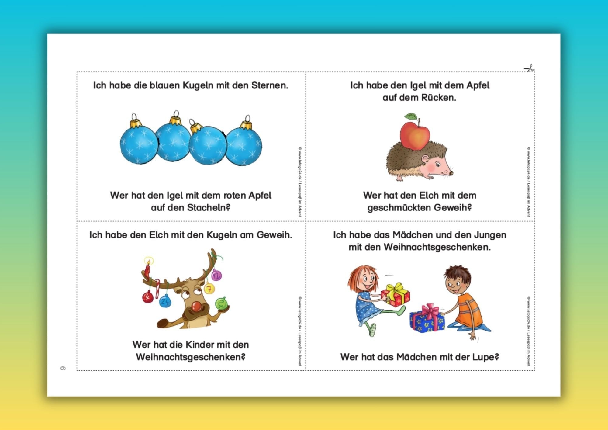 Musterseite der Lesekette für Grundschüler aus dem Titel `Lesespaß im Advent`. Die Seite beinhaltet vier kleine Aufgabenseiten mit jeweils einer Grafik, eines Antwortsatzes und einer Frage. 