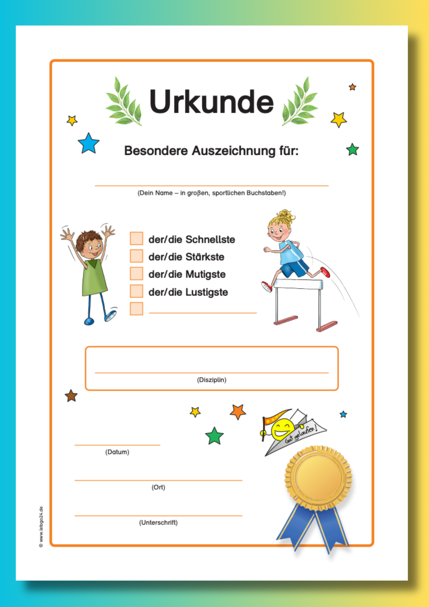Die Urkunde für besondere Auszeichnung von Letogo24 zeigt zwei Kinder. ein Mädchen springt leicht über eine Hürde und ein Junge jubelt ihr zu. Unten rechts befindet sich ein goldfarbenes Siegel.