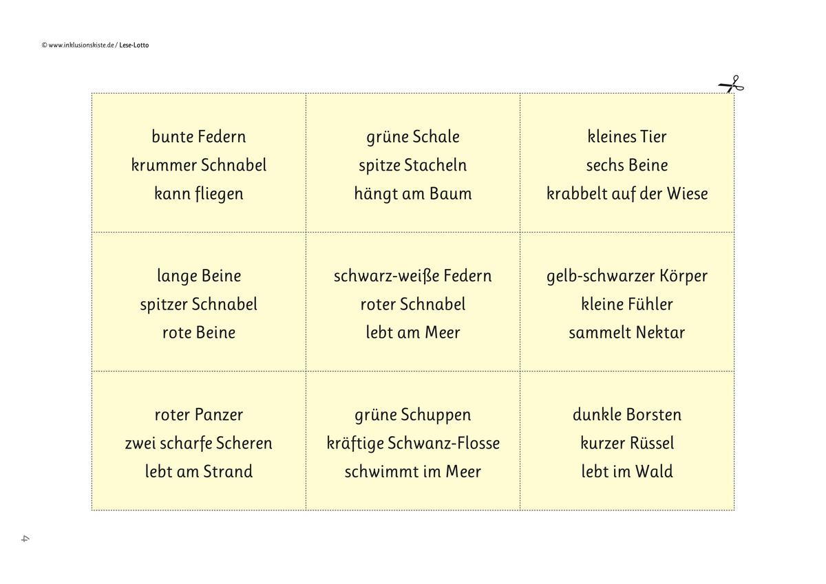 Lernspiel: Einfaches Lese-Lotto – 1. Klasse