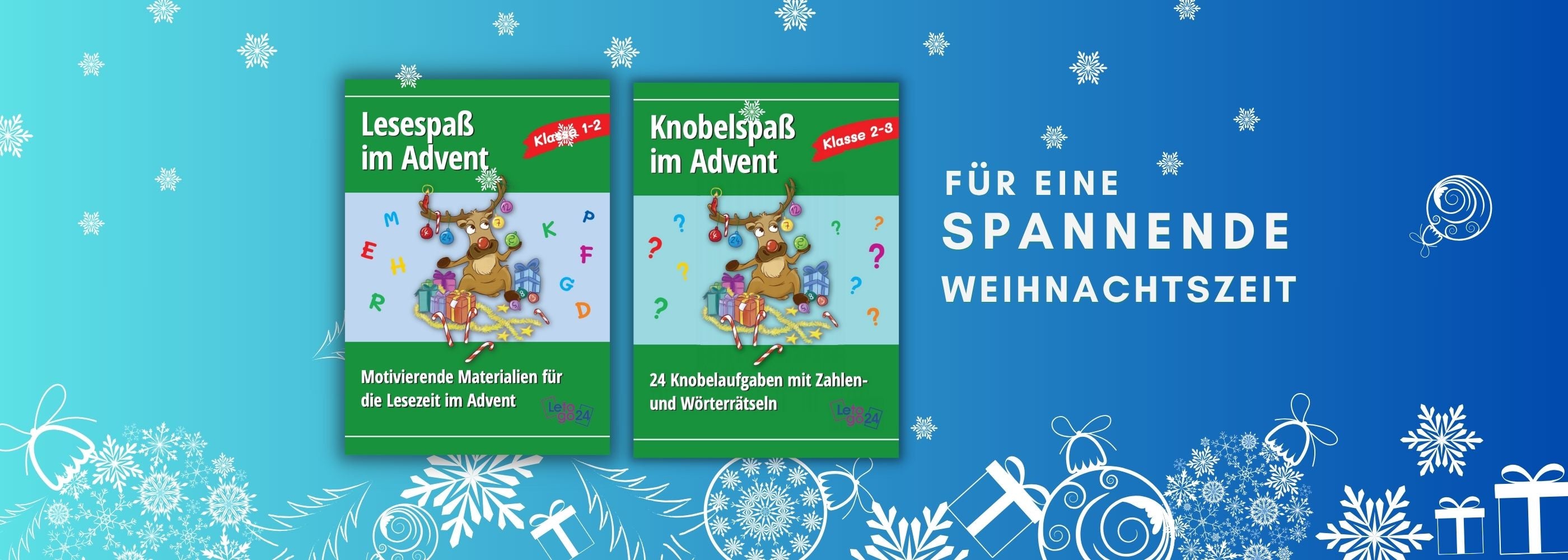 Mobiler Werbeslider mit zwei E-Book-Covern zum Advent für Grundschüler, herausgegeben vom Letogo24 Verlag.