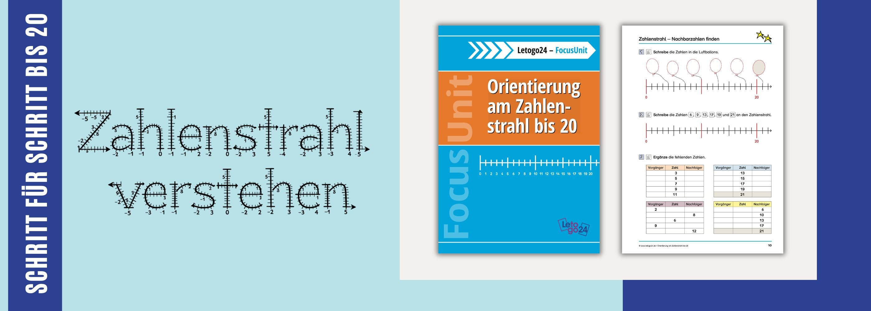 Slider mit dem Cover des E-Books: "Orientierung am Zahlenstrahl bis 20" und einem Arbeitsblatt zum Thema Nachbarzahlen am Zahlenstrahl.