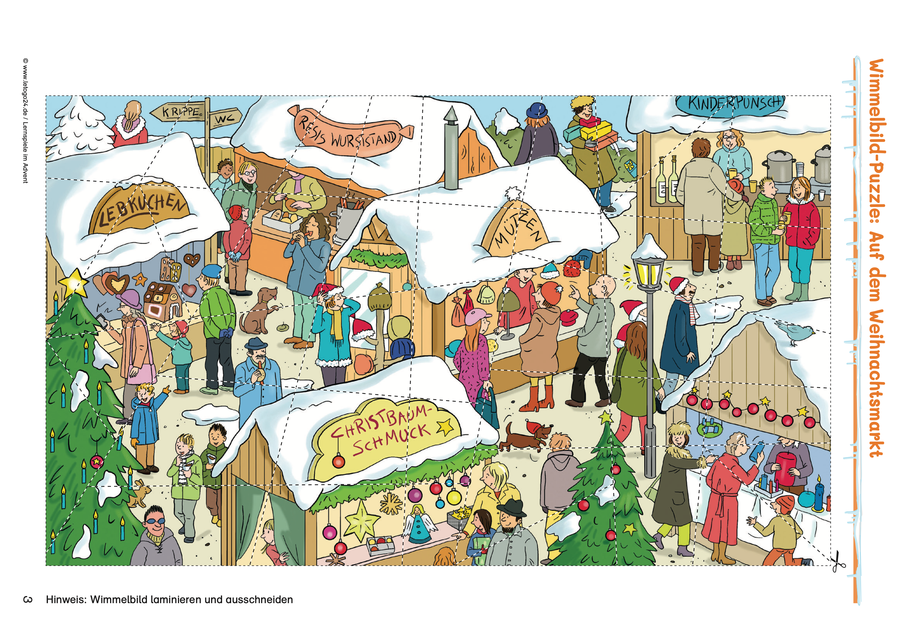 Buntes Wimmelbild zum Thema "Auf dem Weihnachtsmarkt" mit bunten Marktständen und  Menschen, die auf dem Markt bummeln.