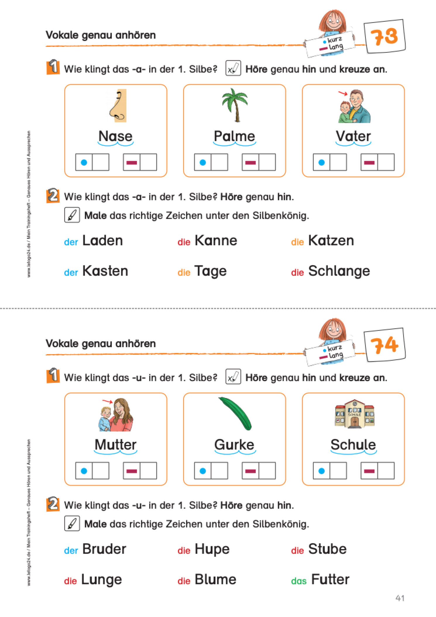 Arbeitsblatt des Materialpaketes: `Mein Trainingsheft: Genaues Hören und Aussprechen` mit Übungen zur Vokallänge.