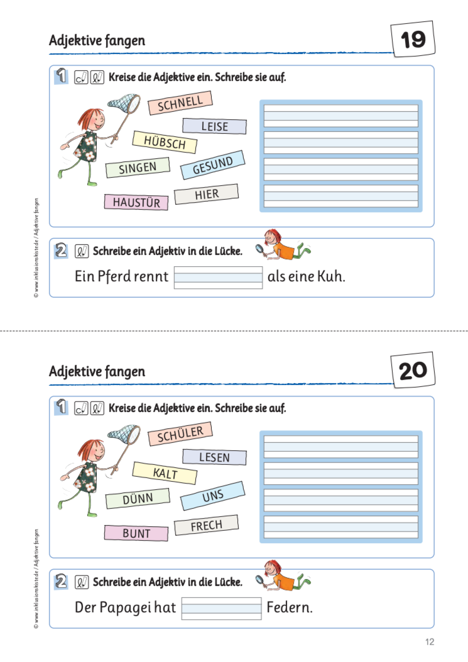 Zweiteiliges Arbeitsblatt mit Schreibzeilen und einer gezeichneten Grafik. Eine Mädchen fängt mit einem Kescher in der Luft fliegende Wörter. Dabei müssen die Schüler aus insgesamt sieben großgeschriebenen Wörtern Adjektive erkennen und aufschreiben.