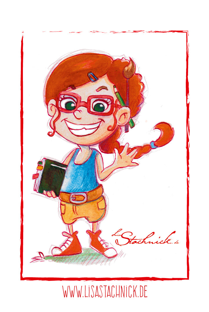 Eine Cartoon Zeichnung von einem Mädchen mit einem Buch