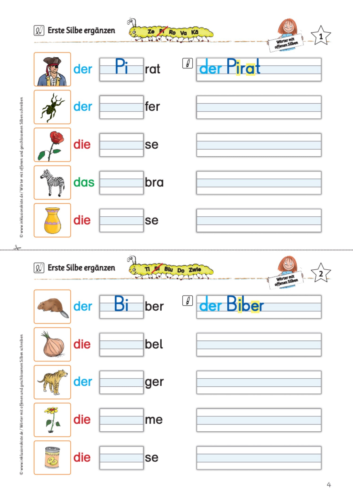 Dieses Arbeitsblatt richtet sich an Grundschulkinder und fördert das Erkennen und Ergänzen geschlossener Silben in Wörtern. Die Kinder jeweils die erste Silbe verschiedener Nomen, die durch anschauliche Bilder und die zweite Silbe vorgegeben sind. Dabei helfen ihnen Silbenraupen mit den Silben zur Orientierung.