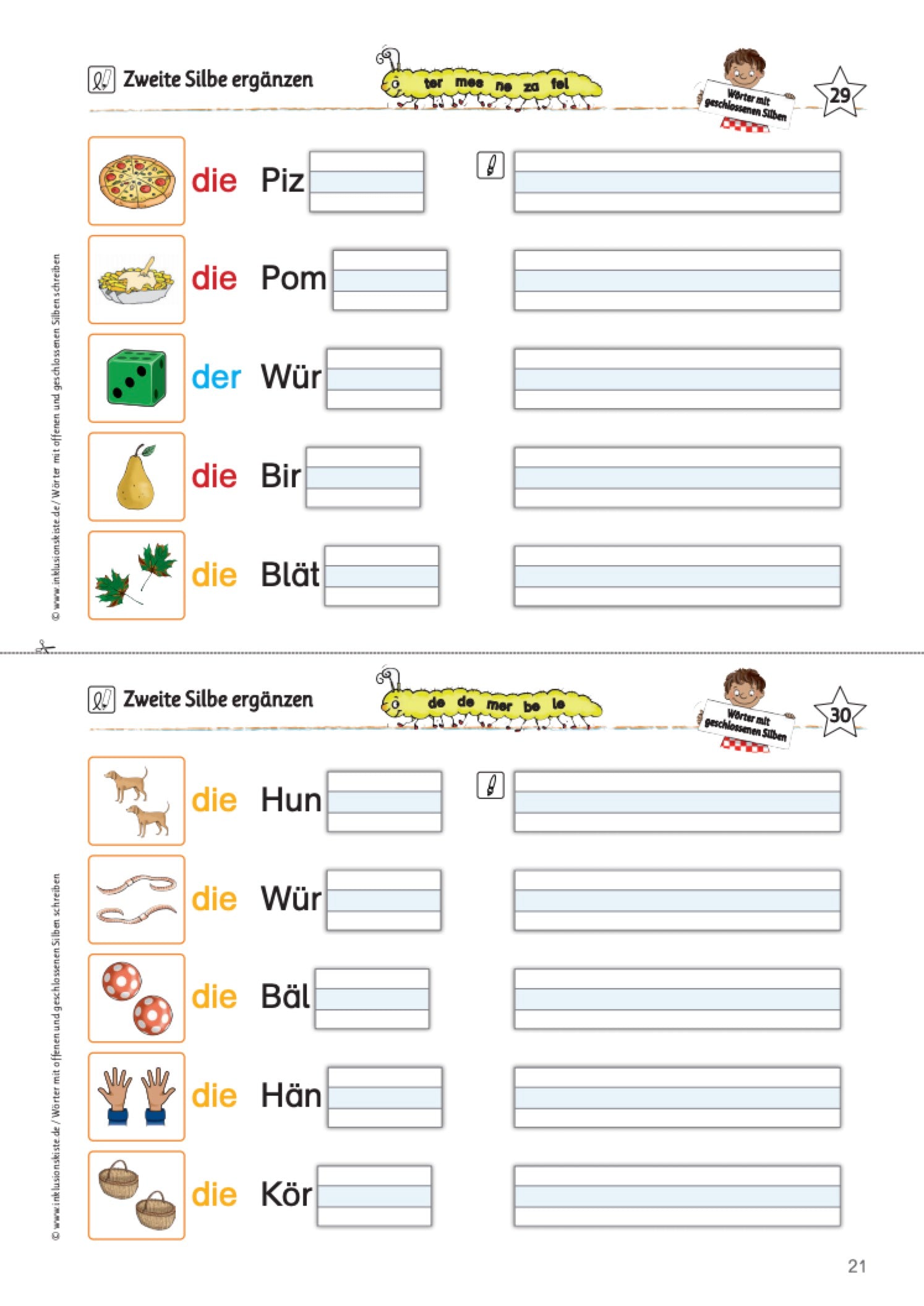 Dieses Arbeitsblatt richtet sich an Grundschulkinder und fördert das Erkennen und Ergänzen geschlossener Silben in Wörtern. Die Kinder jeweils die zweite Silbe verschiedener Nomen, die durch anschauliche Bilder und die erste Silbe vorgegeben sind. Dabei helfen ihnen Silbenraupen mit den Silben zur Orientierung.