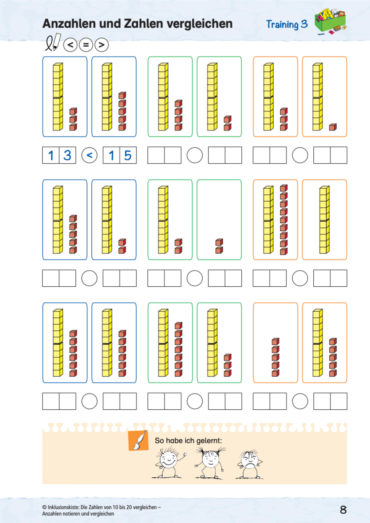 Arbeitsblatt des E-Books: `Die Zahlen von 10 bis 20 vergleichen´mit  Zehner- und Einerdarstellung
