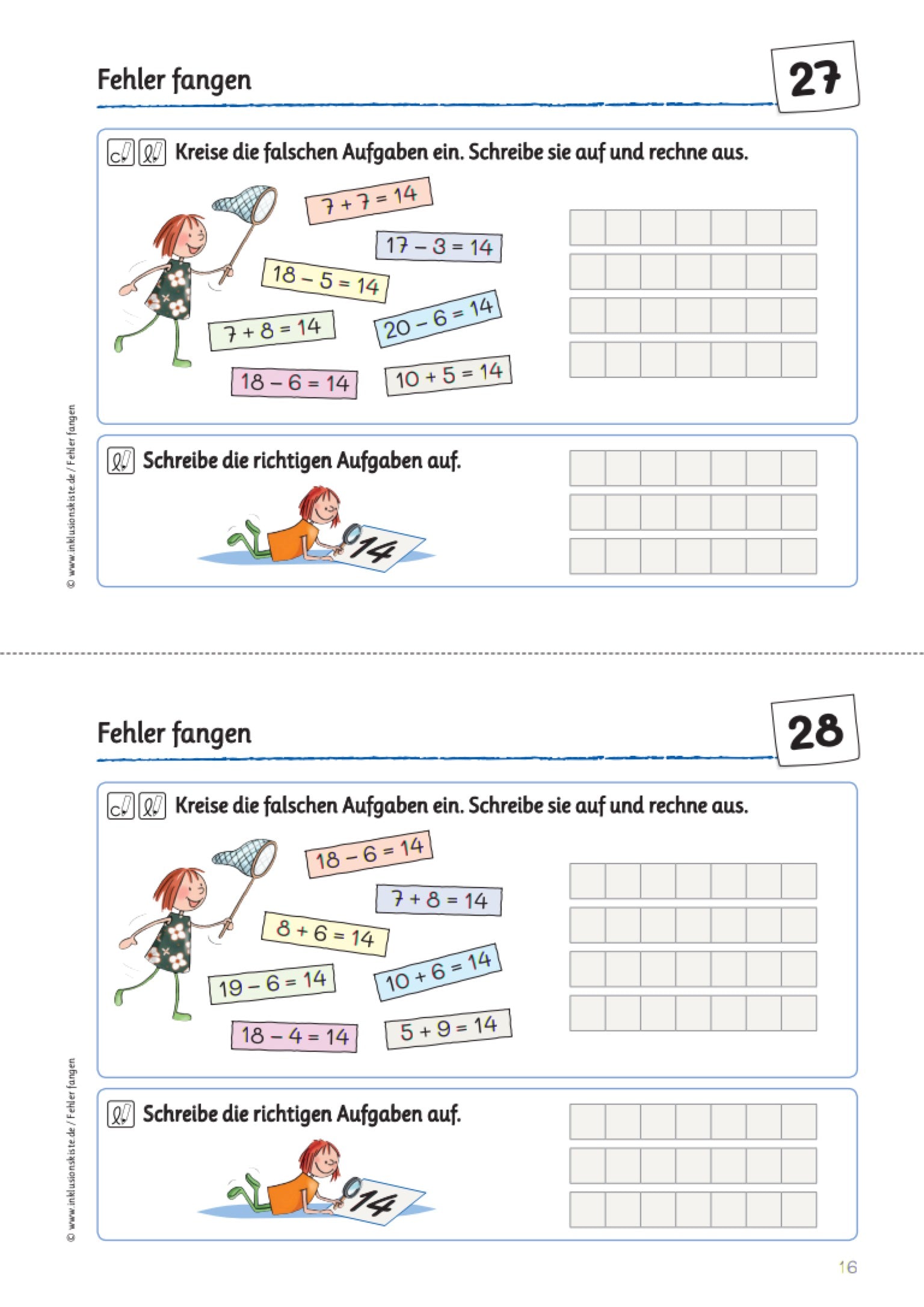 Zweiteiliges Arbeitsblatt für Grundschulkinder mit dem Titel ‚Fehler fangen‘. Auf beiden Seiten stehen mehrere Rechenaufgaben, bei denen die Kinder falsche Ergebnisse einkreisen, abschreiben und richtig ausrechnen sollen. Zusätzlich sollen sie die richtigen Aufgaben notieren. Die Aufgaben bestehen aus Additions- und Subtraktionsaufgaben, die alle das Ergebnis 14 haben sollen.