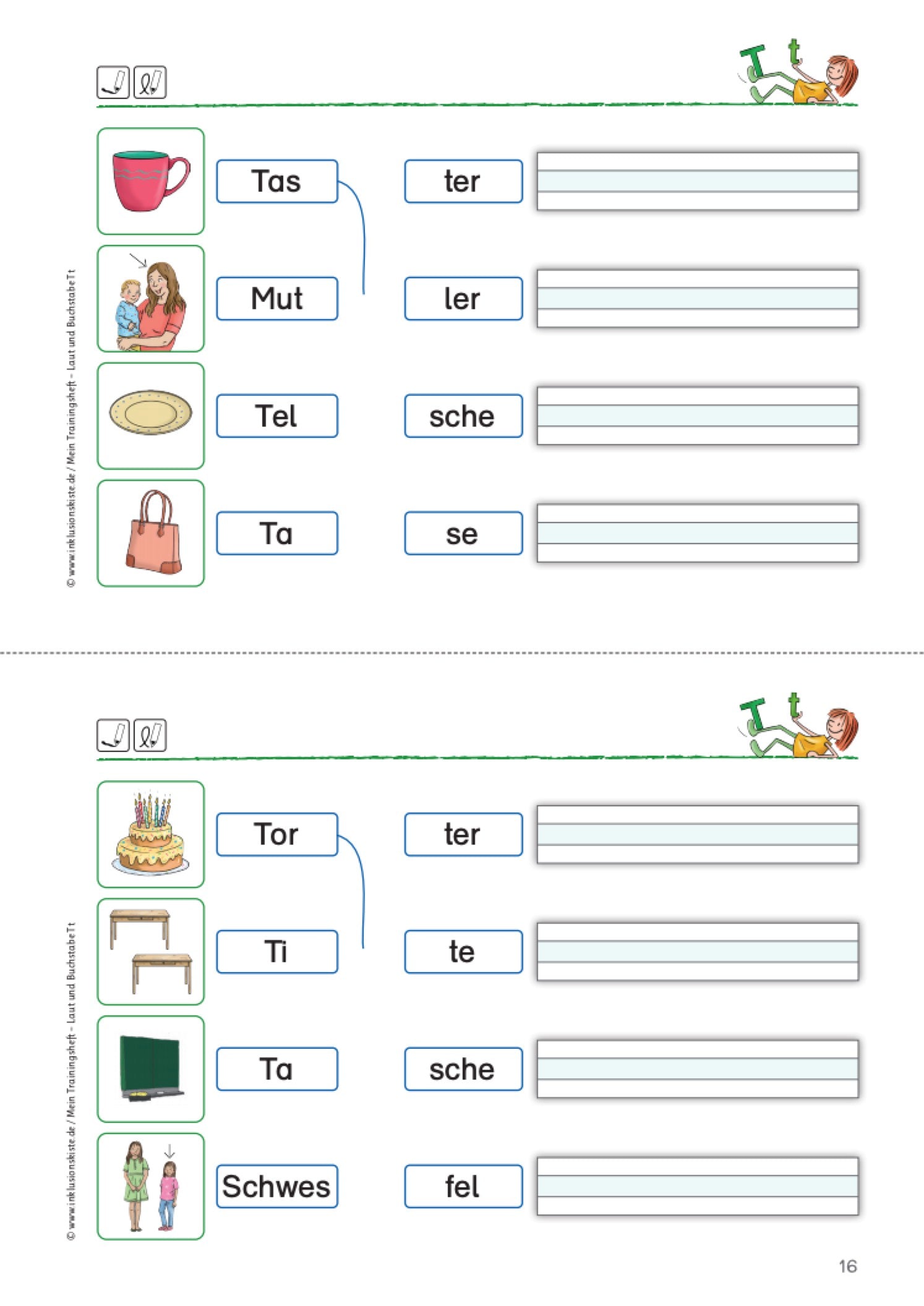 Ein Arbeitsblatt zur Förderung der Lesekompetenz im Anfangsunterricht, auf dem Wortbestandteile zusammengesetzt werden. Zu farbigen Bildern (z. B. Tasse, Mutter, Torte) sollen passende Wortanfänge und -enden verbunden und dann vollständig aufgeschrieben werden. Der Fokus liegt auf dem Buchstaben „T“ bzw. „t“.