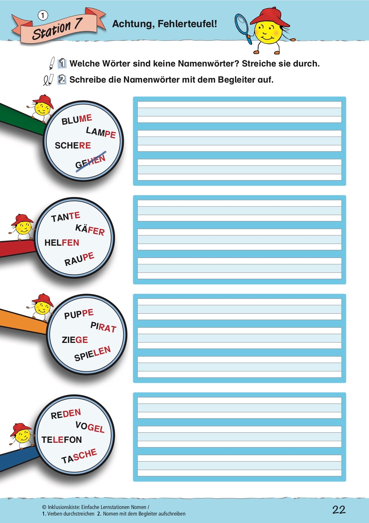 Arbeitsblatt mit der Überschrift „Achtung, Fehlerteufel“ aus dem E-Book „Einfache Lernstationen: Nomen“. Abgebildet sind vier gezeichnete Lupen, in denen jeweils vier Wörter stehen. Die Aufgabe für die Kinder besteht darin, die falsche Wortart in jeder Lupe zu erkennen, durchzustreichen und die korrekt geschriebenen Nomen in die nebenstehenden Schreibzeilen zu übertragen.