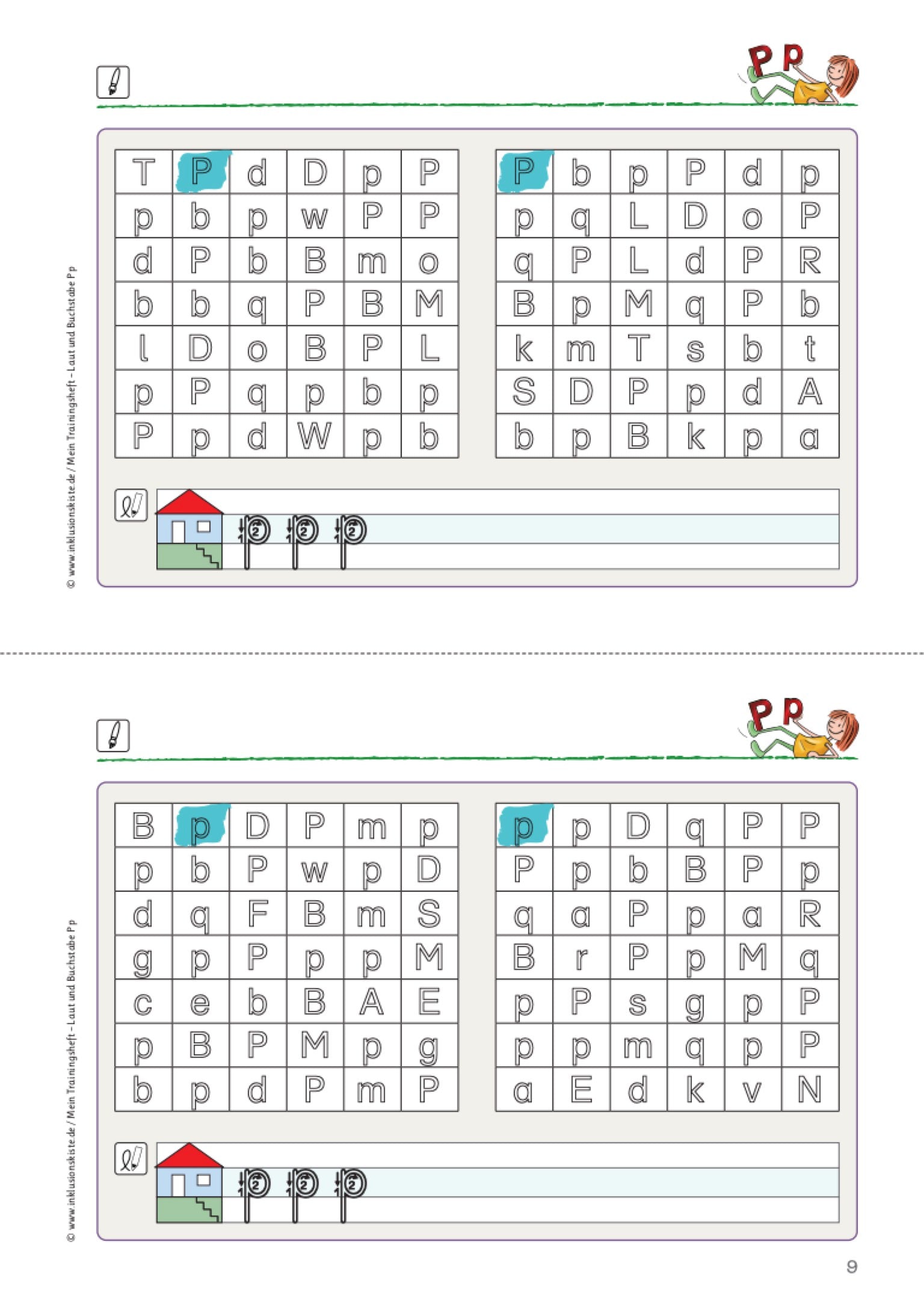 Arbeitsblatt des E-Books: `Mein Trainingsheft: Laut und Buchstabe P p` mit diversen Buchstaben in einem Gitter zum visuellen Wahrnehmen des Groß- und Kleinbuchstabens P. Unten befindet sich eine Schreibzeile zum Üben des Buchstabens.
