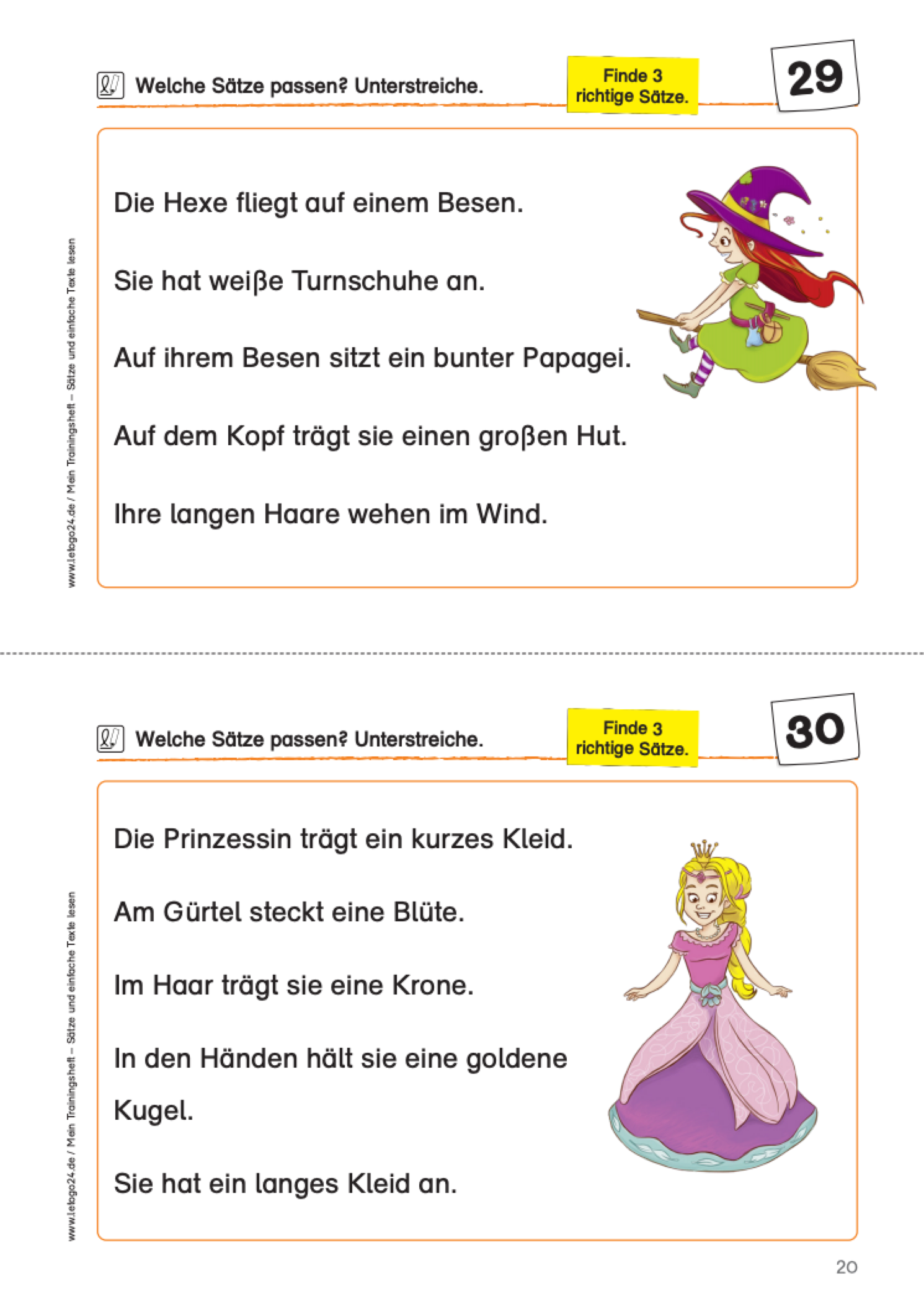 Arbeitsblatt mit zwei Aufgaben: eine Hexe auf einem Besen (Aufgabe 29) und eine Prinzessin mit langem Kleid und Krone (Aufgabe 30), zu denen passende Sätze ausgewählt und unterstrichen werden sollen.