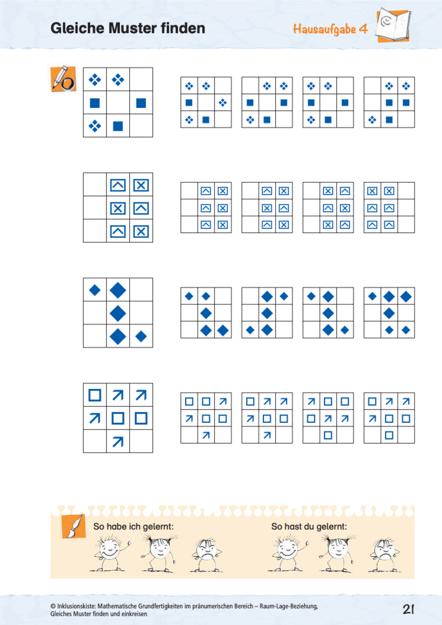 Arbeitsblatt „Gleiche Muster finden – Hausaufgabe 4“. In vier Zeilen soll das Muster links mit einem von fünf Mustern rechts verglichen und das passende gefunden werden. Die Muster bestehen aus Symbolen in einem 3x3-Raster. Unten Selbsteinschätzung mit Strichmännchen.