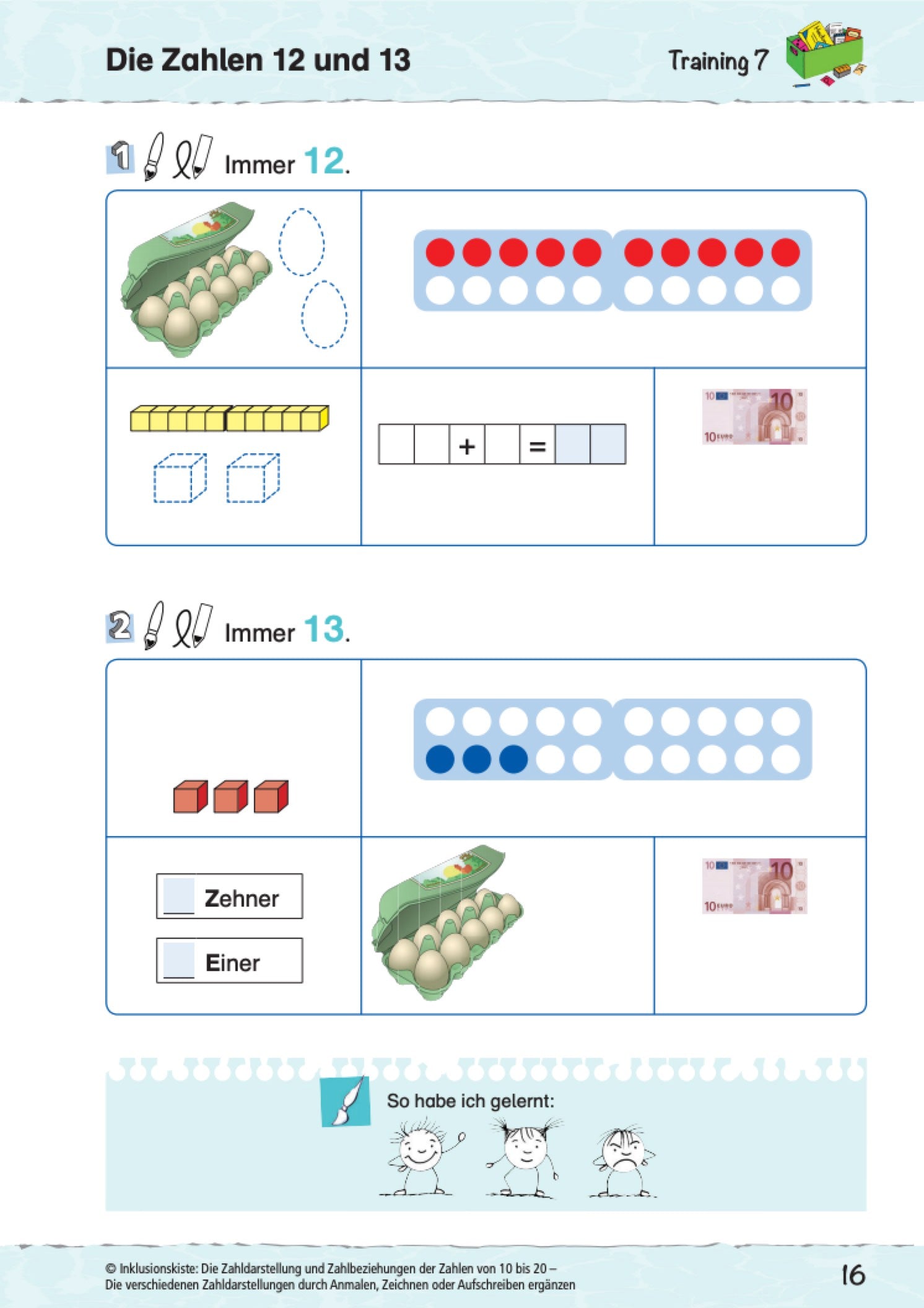 Arbeitsblatt für Kinder mit Übungen zu den Zahlen 12 und 13, illustriert mit Eiern, Würfeln und Geldscheinen zur Darstellung von Mengen und Zahlaufbau.
