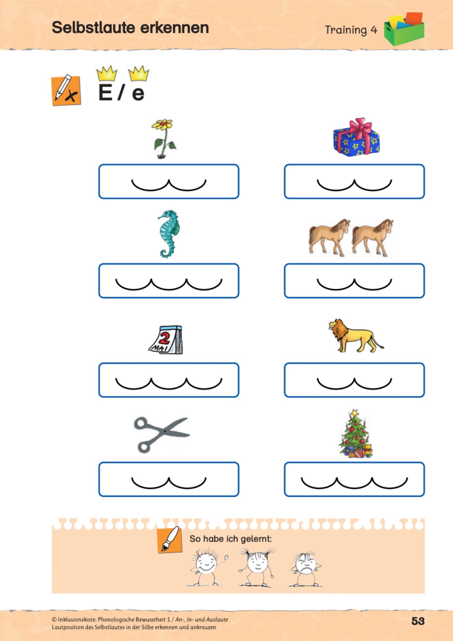 Arbeitsblatt zum Bestimmen der Vokale in Silbenbögen. Das Thema des E-Book-Titels lautet: `Phonologische Bewusstheit 1`. Unter den bunten Bildern: `Blume, Geschenk, Seepferdchen, Pferde, Kalender, Löwe, Schere und Tannenbaum` befinden sich entsprechend des Bildes mehrere Silbenbögen in die die Vokale eingetragen werden sollen. 