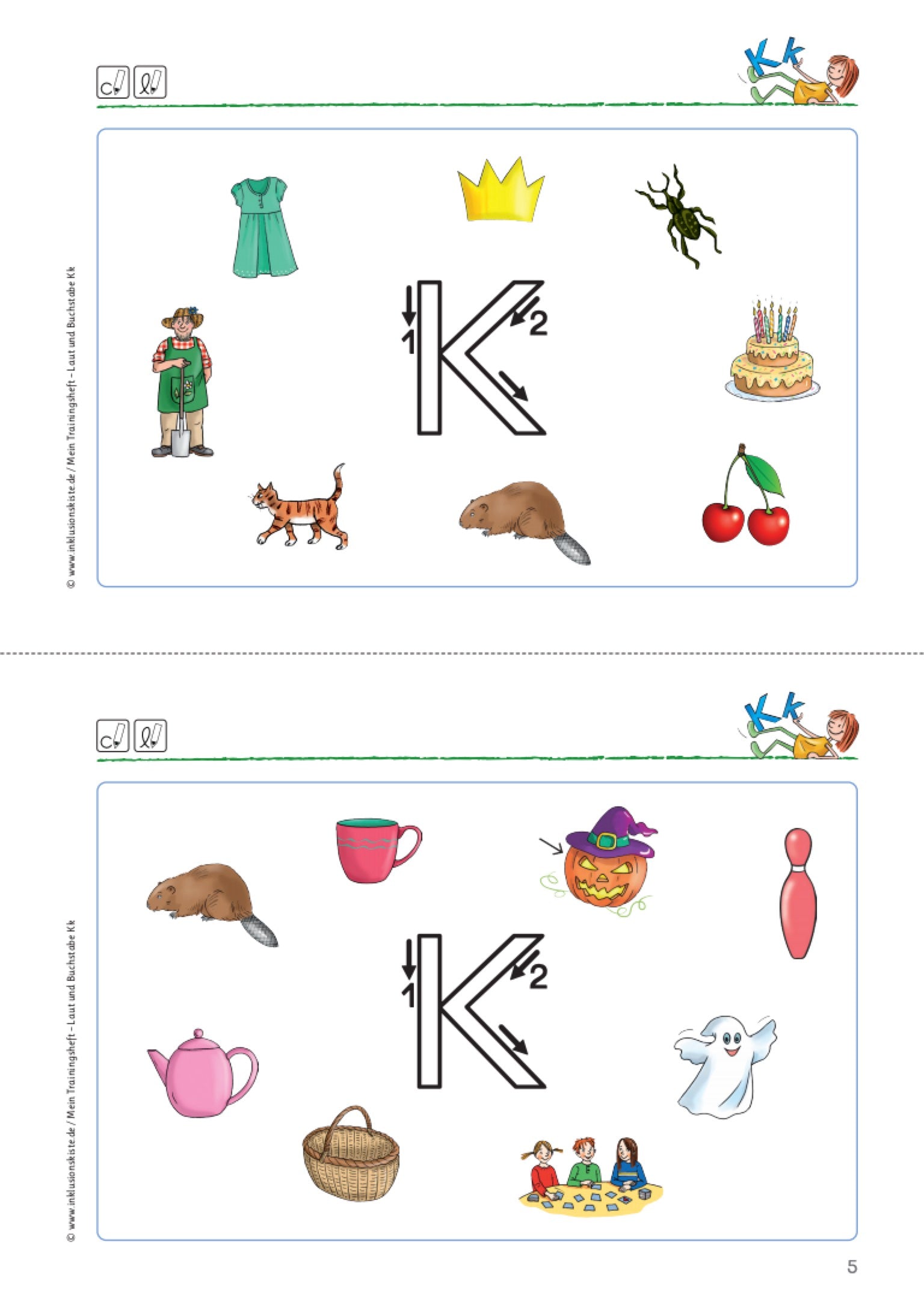 Zweiteiliges Arbeitsblatt zum Erkennen des Anlautes K aus dem E-Book: `Mein Trainingsheft: Laut und Buchstabe K `. Um den Druckbuchstaben `K` gruppieren sich kindliche Grafiken, von denen einige mit diesem Anlaut beginnen. Die Kinder haben die Aufgabe die Bilder mit dem Anlaut K einzukreisen.