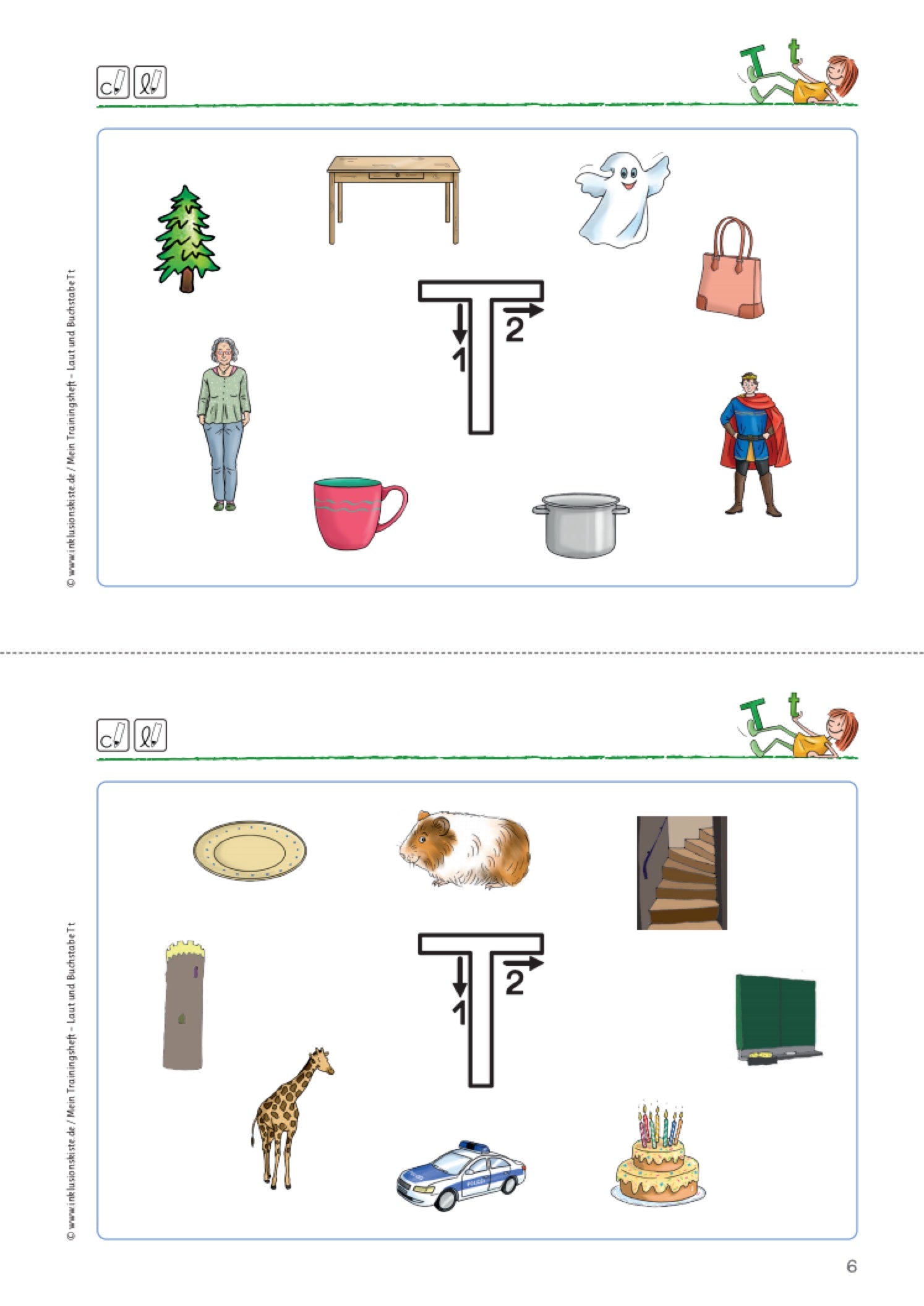 Zweiteiliges Arbeitsblatt zum Erkennen des Anlautes T aus dem E-Book: `Mein Trainingsheft: Laut und Buchstabe T t`. Um den Druckbuchstaben `T` gruppieren sich kindliche Grafiken, von denen einige mit diesem Anlaut beginnen. Die Kinder haben die Aufgabe die Bilder mit dem Anlaut T einzukreisen.
