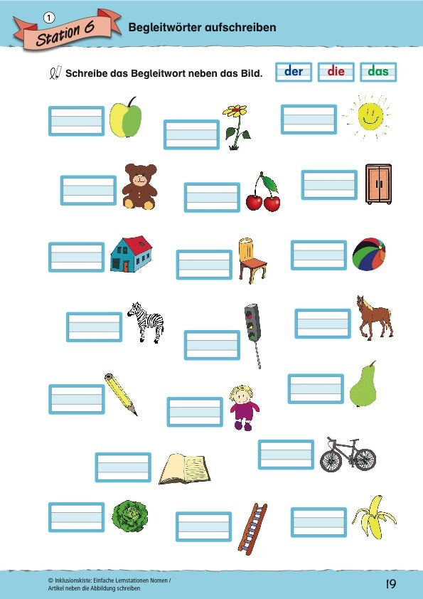 Arbeitsblatt mit dem Titel „Begleitwörter aufschreiben“ aus dem E-Book „Einfache Lernstationen: Nomen“. Gezeigt werden 20 kindgerechte Illustrationen, jeweils mit einer Schreibzeile daneben, in die Kinder den passenden bestimmten Artikel („der“, „die“ oder „das“) zu jedem Bild eintragen sollen.
