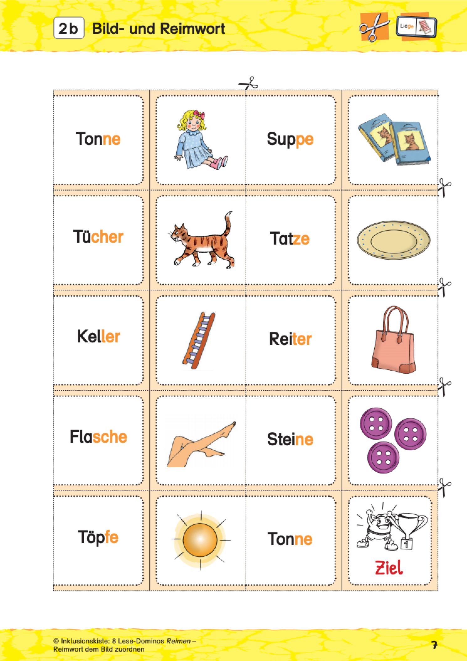 Bild-Worttafel aus dem E-Book „8 Lese-Dominos Reimen“. Es zeigt 10 kleine Lese-Domino-Karten, jeweils mit einem farbigen Bild und einem Reimwort. Wobei die Wörter mit Silbentrennern hervorgehoben sind. Die Bilder zeigen unter anderem eine Suppe, eine Katze, eine Leiter, eine Flasche und eine Sonne. Nach dem Ausschneiden sollen passende Reimpaare erkannt und angelegt werden.