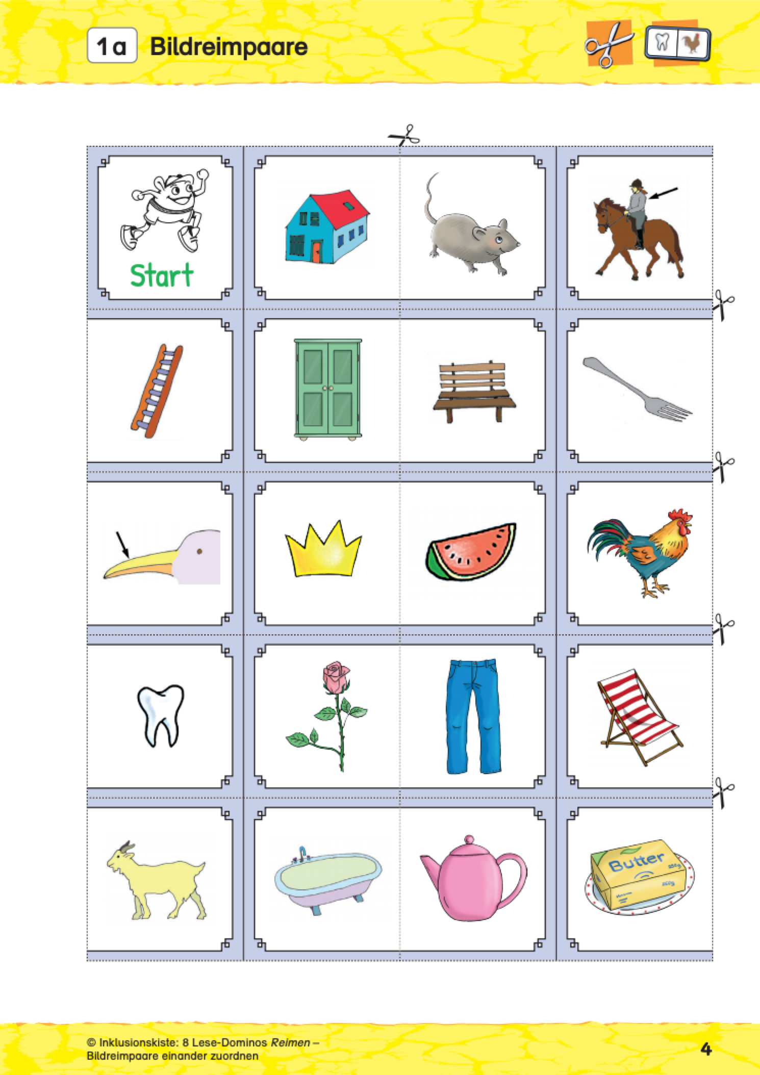 Zehn kleine Bildtafeln aus dem E-Book „8 Lese-Dominos Reimen“ . Die Bildtafeln zeigen Illustrationen von Gegenständen, Tieren und Personen, darunter „Haus“, „Maus“, „Leiter“, „Reiter“, „Zahn“, „Hahn“, „Rose“, „Hose“, „Butter“, „Futter“, „Krone“, „Melone“ und weitere. Oben links befindet sich eine Startkarte mit einem laufenden Jungen. Die Karten sind durch gestrichelte Linien voneinander getrennt und zum Ausschneiden gedacht. Ziel ist es, passende Reimpaare zu finden und als Domino zu legen.