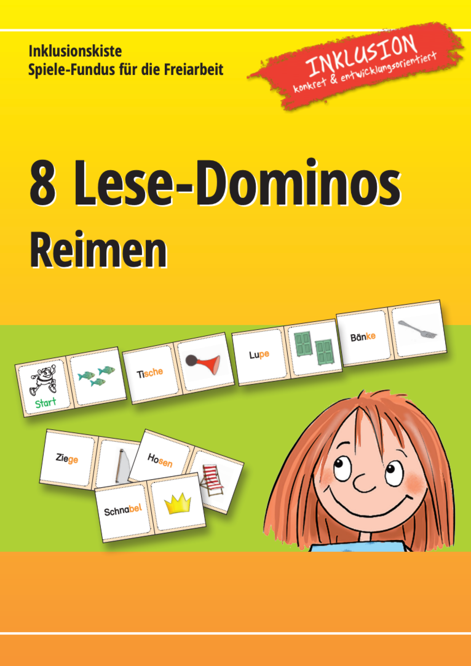 Cover des E-Books „8 Lese-Dominos Reimen“ aus der Reihe „Inklusionskiste Spiele-Fundus für die Freiarbeit“. Der Hintergrund ist gelb-orange, oben rechts ein rotes Banner mit der Aufschrift „INKLUSION konkret & entwicklungsorientiert“. Abgebildet sind mehrere Domino-Karten mit Bildern und Wörtern zum Thema Reime, darunter „Ziege“, „Lupe“, „Hosen“ und „Schnabel“. Unten rechts ist ein gezeichnetes, lachendes Kind mit roten Haaren zu sehen.