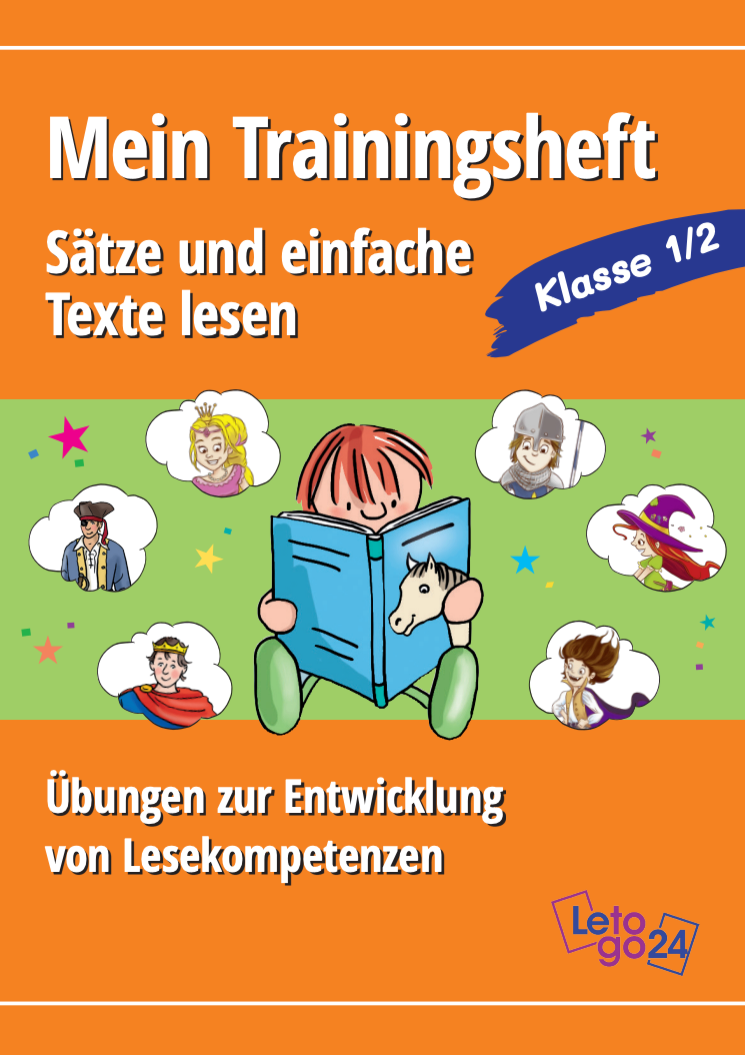 E-Book-Cover mit bunten Portraits um ein lesendes Kind  mit dem Titel: `Mein Trainingsheft: Sätze und einfache Texte lesen` von Ellen Müller. Der Untertitel lautet Übungen zur Entwicklung von Lesekompetenzen. 