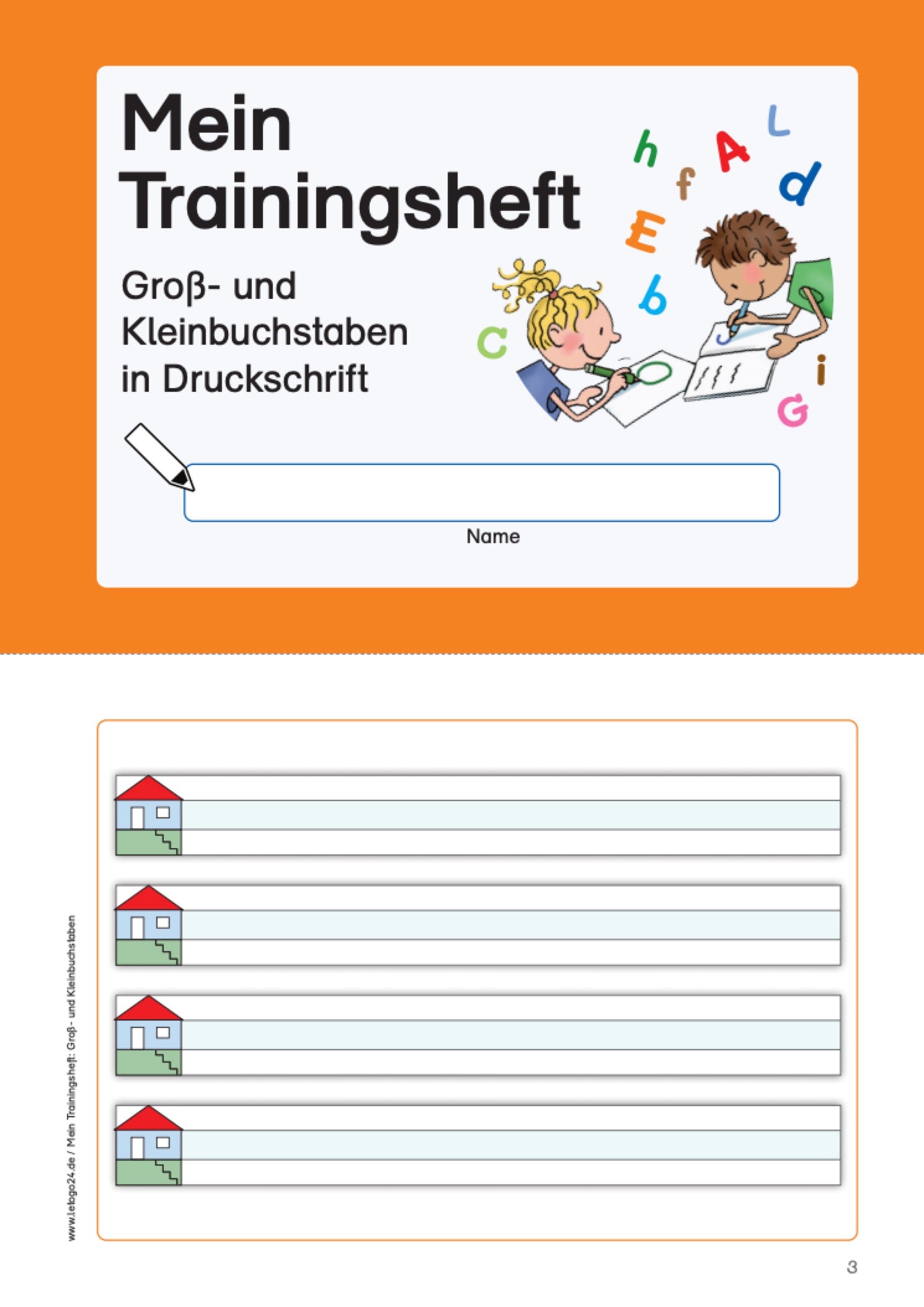 Deckblatt des Schreibheftes mit der Aufschrift `Mein Trainingsheft – Groß- und Kleinbuchstaben` Im unteren Teil befinden sich vier dreigliedrige Schreibzeilen für Schreibanfänger. 