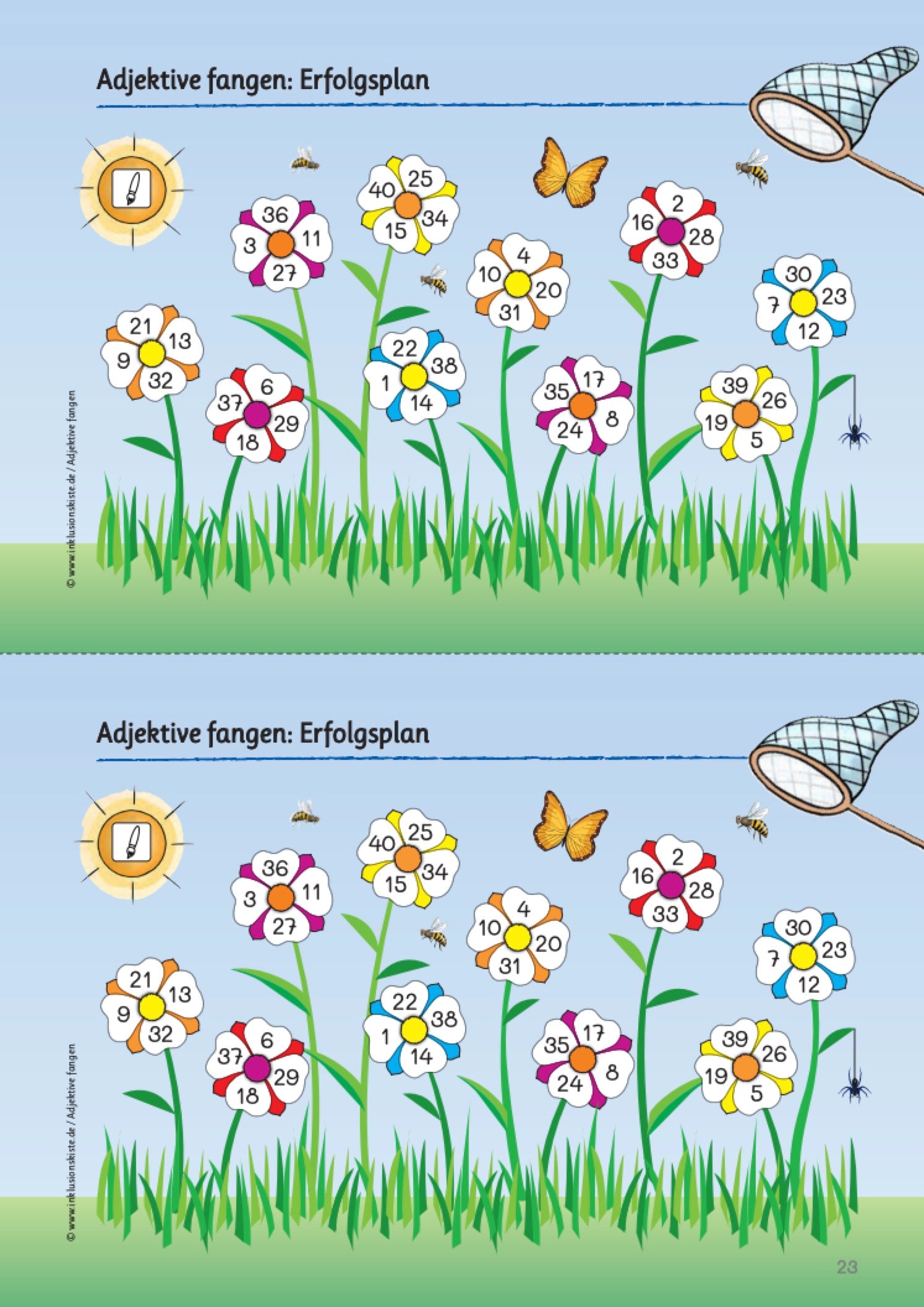 Illustration eines bunten Erfolgsplans für Grundschulkinder mit dem Titel „Adjektive fangen: Erfolgsplan“. Das Bild zeigt zweimal dieselbe Szene (oben und unten): Eine Wiese mit acht stilisierten Blumen, jede mit sechs weißen Blütenblättern. In jedem Blütenblatt steht eine Zahl von 1 bis 40. Dabei stehen die Zahlen für ein Arbeitsblatt. 