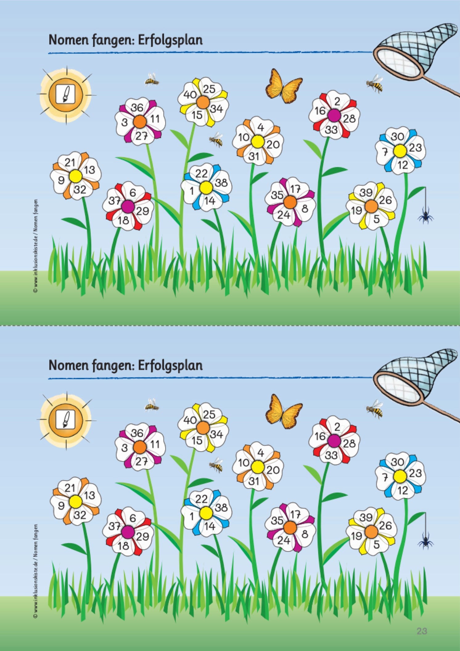 Illustration eines bunten Erfolgsplans für Grundschulkinder mit dem Titel „Verben fangen: Erfolgsplan“. Das Bild zeigt zweimal dieselbe Szene (oben und unten): Eine Wiese mit acht stilisierten Blumen, jede mit sechs weißen Blütenblättern. In jedem Blütenblatt steht eine Zahl von 1 bis 40. Dabei stehen die Zahlen für ein Arbeitsblatt. 