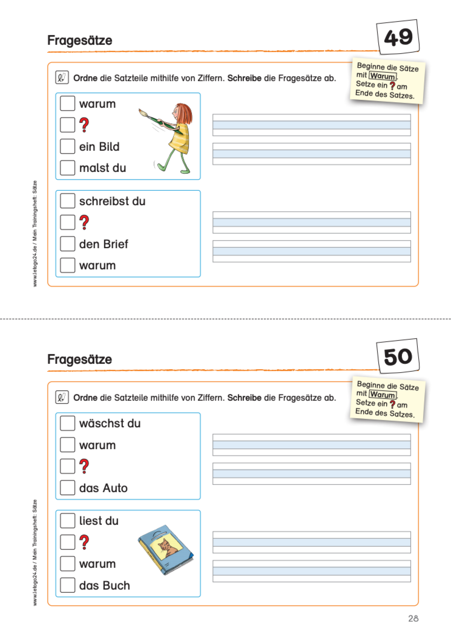 Arbeitsblatt von Letogo24 mit Satzteilen und Schreibzeilen zum Zusammensetzen von Fragesätzen 