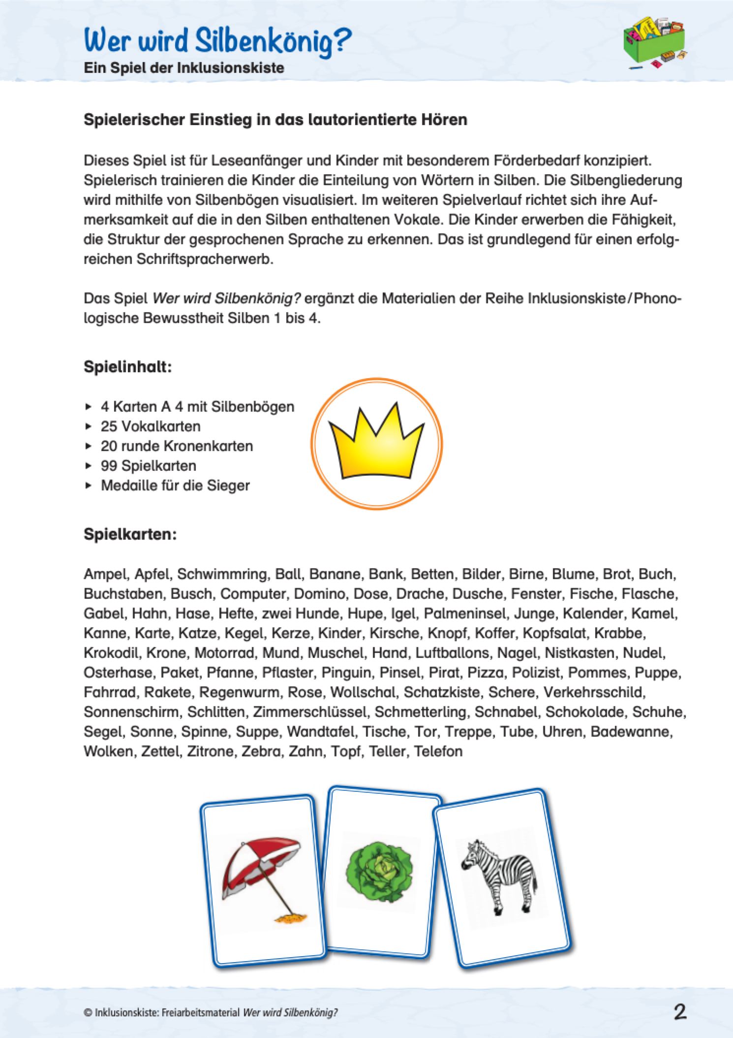 Erklärung und Spielinhalt des Lernspieles: 2Wer wird Silbenkönig?" mit einer Auflistung aller Spielkarten.